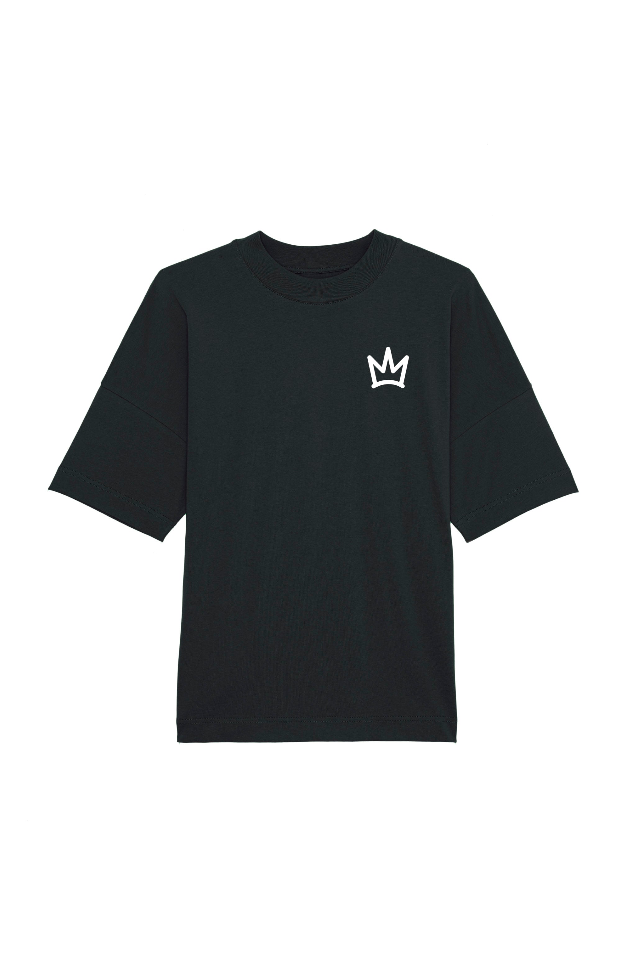 Oversized T-Shirt aus 100 % Bio-Baumwolle mit weitem, modernem Schnitt, erhältlich in Schwarz, Weiss und Natur. Individuell gestaltbar mit Wunschmotiv und frei wählbarer Platzierung. Weiche Qualität, überschnittene Ärmelansätze und lässiger Style für maximalen Tragekomfort. Vorderseite: Krone auf der linken Brust. Rückseite: Grosser Schriftzug „dream BIG“ mit Krone darüber.
