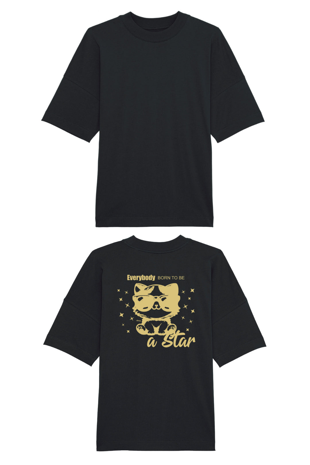 Oversized T-Shirt in Schwarz mit goldenem Backprint «Everybody Born to Be a Star» – Vorder- und Rückansicht