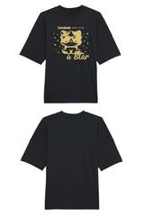 Oversized T-Shirt in Schwarz mit goldenem Print vorne «Everybody Born to Be a Star» – Vorder- und Rückansicht
