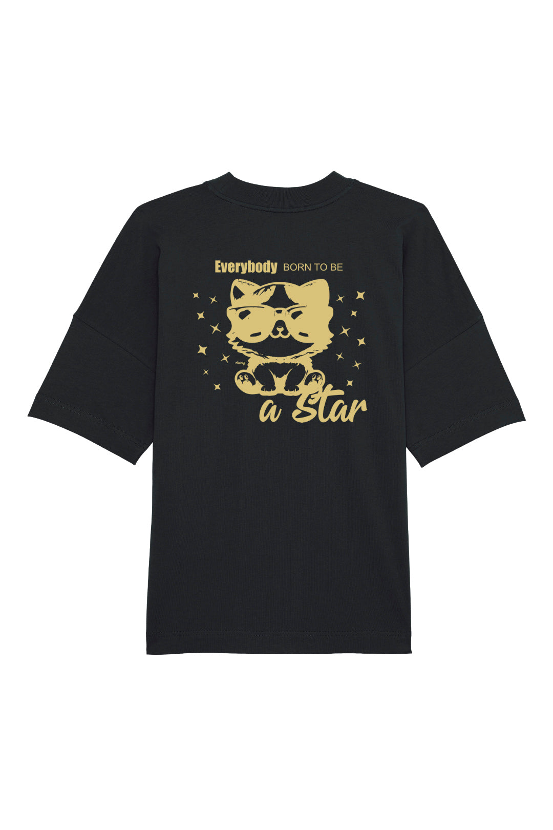 Oversized T-Shirt in Schwarz mit goldenem Backprint «Everybody Born to Be a Star», Katze mit Sonnenbrille – Rückansicht