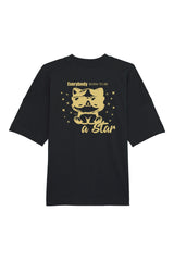 Oversized T-Shirt in Schwarz mit goldenem Backprint «Everybody Born to Be a Star», Katze mit Sonnenbrille – Rückansicht