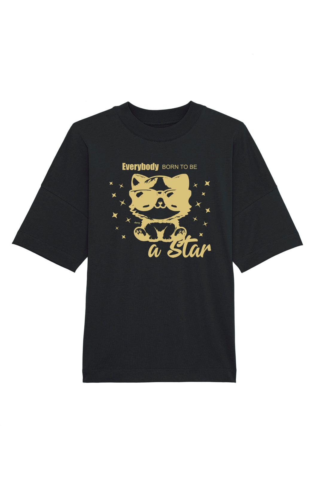 Oversized T-Shirt in Schwarz mit goldenem Print «Everybody Born to Be a Star», Katze mit Sonnenbrille – Vorderansicht