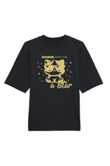 Oversized T-Shirt in Schwarz mit goldenem Print «Everybody Born to Be a Star», Katze mit Sonnenbrille – Vorderansicht