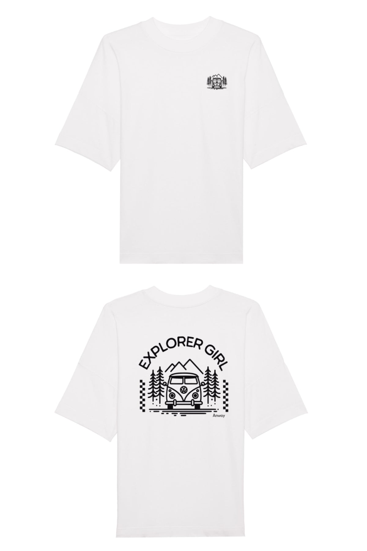 Oversized T-Shirt aus 100 % Bio-Baumwolle mit weitem, modernem Schnitt, erhältlich in Schwarz, Weiss und Natur. Individuell gestaltbar mit Wunschmotiv und frei wählbarer Platzierung. Weiche Qualität, überschnittene Ärmelansätze und lässiger Style für maximalen Tragekomfort. Mit Aufdruck auf dem Rücken "EXPLORER GIRL", einem VW-Bus, Tannen und Bergen und einem kleinen Aufdruck auf der linken Brust – modernes Design für Outdoor-Liebhaberinnen.