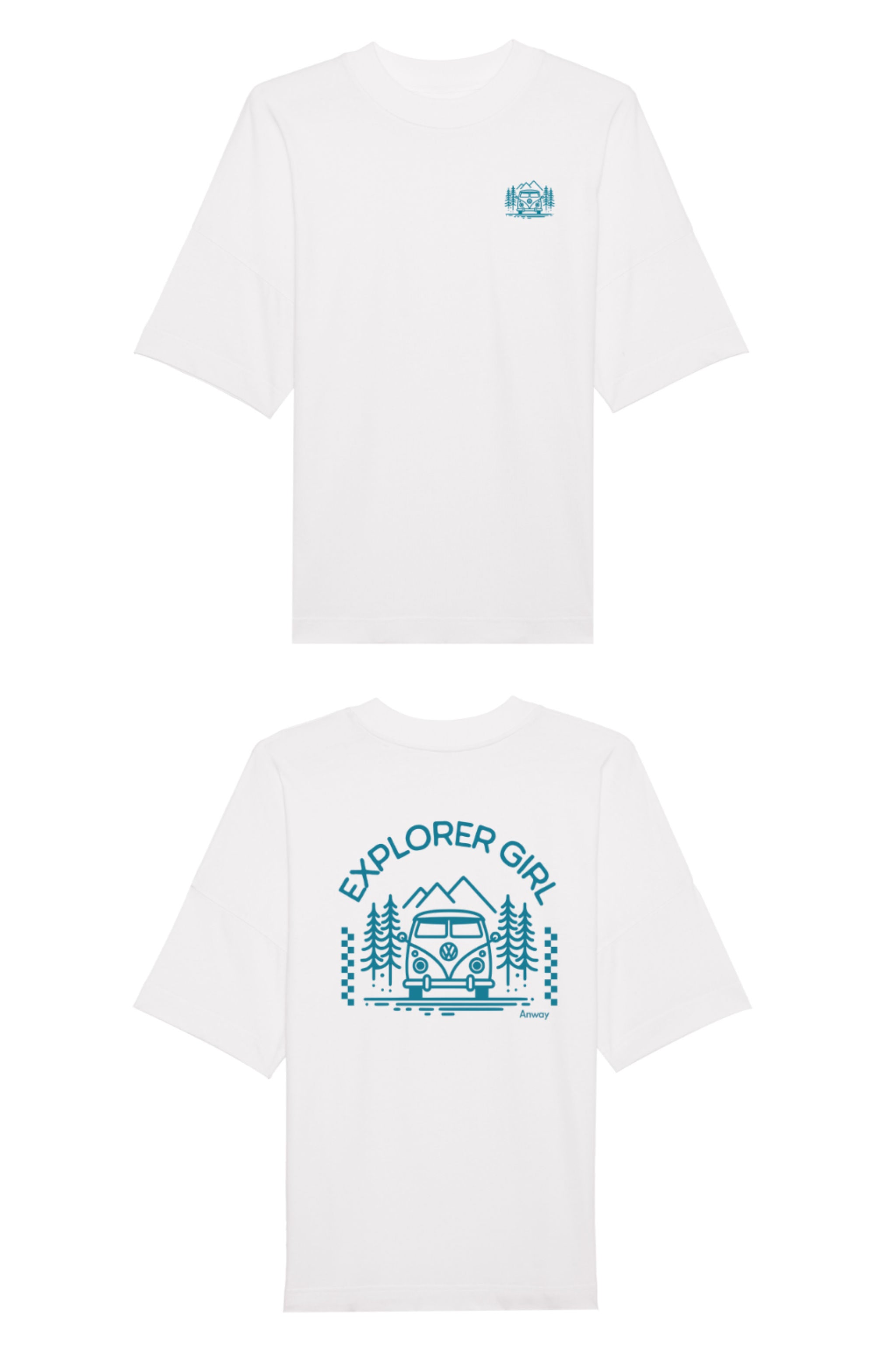 Oversized T-Shirt aus 100 % Bio-Baumwolle mit weitem, modernem Schnitt, erhältlich in Schwarz, Weiss und Natur. Individuell gestaltbar mit Wunschmotiv und frei wählbarer Platzierung. Weiche Qualität, überschnittene Ärmelansätze und lässiger Style für maximalen Tragekomfort. Mit Aufdruck auf dem Rücken "EXPLORER GIRL", einem VW-Bus, Tannen und Bergen und einem kleinen Aufdruck auf der linken Brust – modernes Design für Outdoor-Liebhaberinnen.