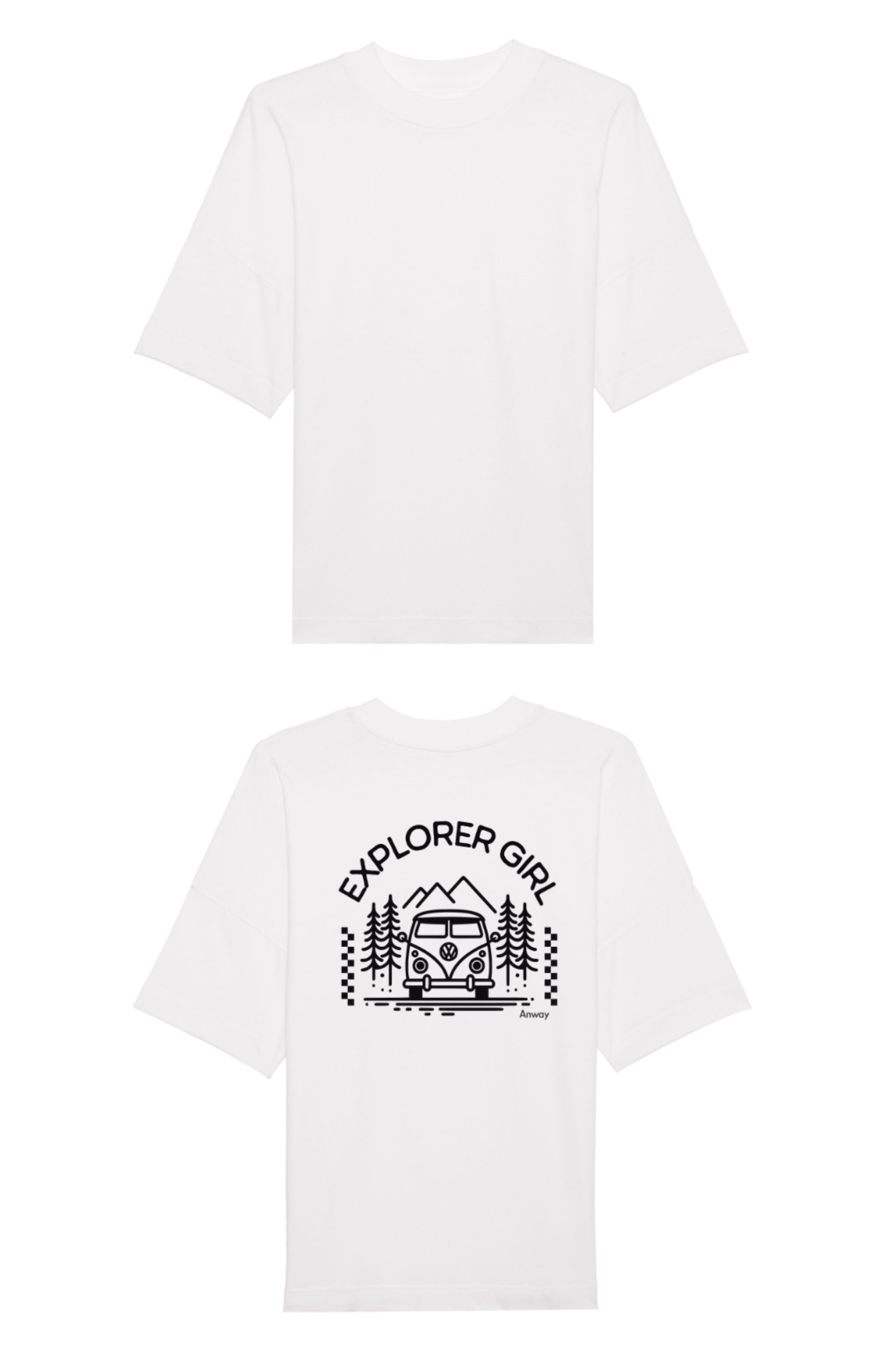 Oversized T-Shirt aus 100 % Bio-Baumwolle mit weitem, modernem Schnitt, erhältlich in Schwarz, Weiss und Natur. Individuell gestaltbar mit Wunschmotiv und frei wählbarer Platzierung. Weiche Qualität, überschnittene Ärmelansätze und lässiger Style für maximalen Tragekomfort. Mit Aufdruck auf dem Rücken "EXPLORER GIRL", einem VW-Bus, Tannen und Bergen – modernes Design für Outdoor-Liebhaberinnen.