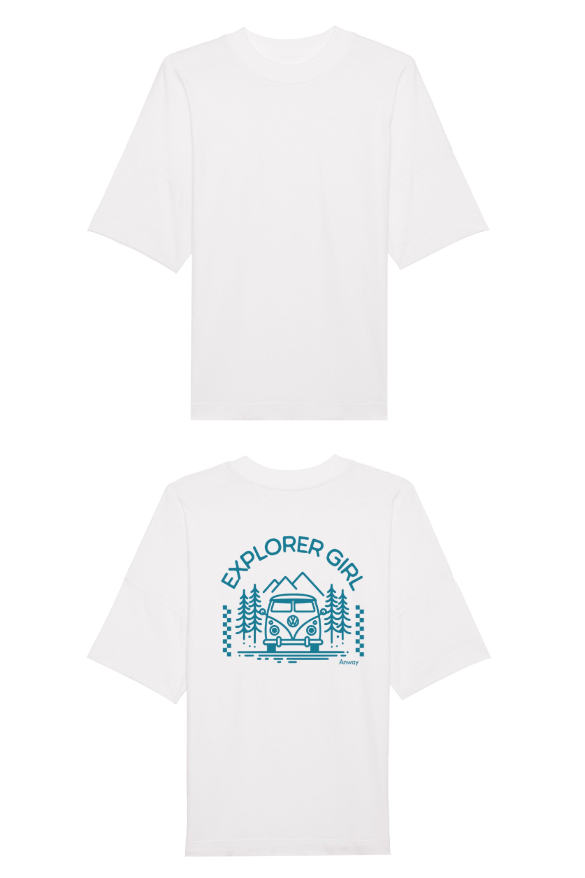 Oversized T-Shirt aus 100 % Bio-Baumwolle mit weitem, modernem Schnitt, erhältlich in Schwarz, Weiss und Natur. Individuell gestaltbar mit Wunschmotiv und frei wählbarer Platzierung. Weiche Qualität, überschnittene Ärmelansätze und lässiger Style für maximalen Tragekomfort. Mit Aufdruck auf dem Rücken "EXPLORER GIRL", einem VW-Bus, Tannen und Bergen – modernes Design für Outdoor-Liebhaberinnen.