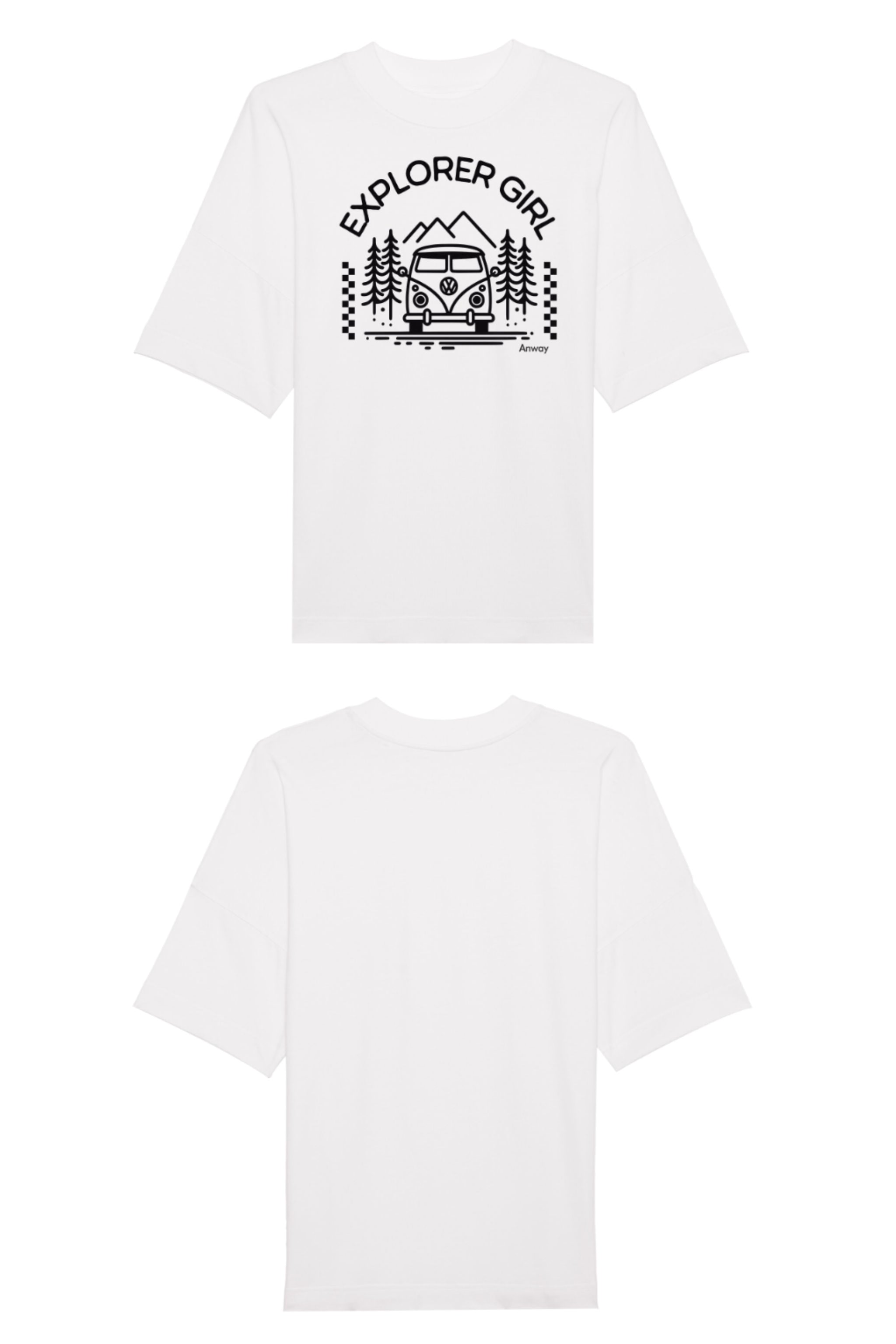 Oversized T-Shirt aus 100 % Bio-Baumwolle mit weitem, modernem Schnitt, erhältlich in Schwarz, Weiss und Natur. Individuell gestaltbar mit Wunschmotiv und frei wählbarer Platzierung. Weiche Qualität, überschnittene Ärmelansätze und lässiger Style für maximalen Tragekomfort. Mit Aufdruck "EXPLORER GIRL", einem VW-Bus, Tannen und Bergen auf der Vorderseite – modernes Design für Outdoor-Liebhaberinnen.