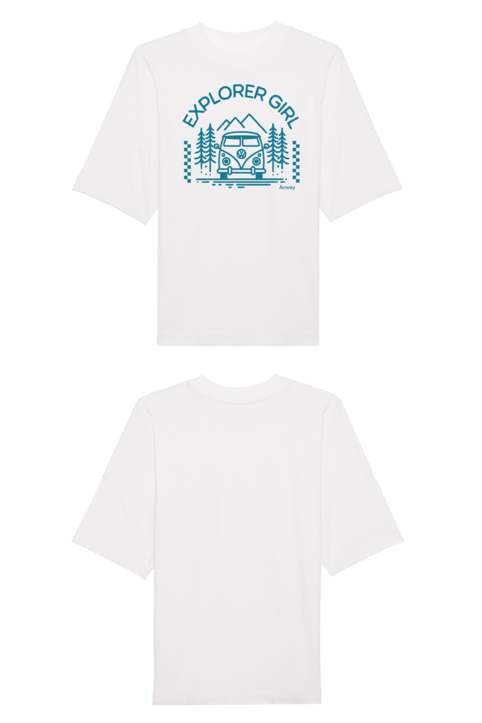 Oversized T-Shirt aus 100 % Bio-Baumwolle mit weitem, modernem Schnitt, erhältlich in Schwarz, Weiss und Natur. Individuell gestaltbar mit Wunschmotiv und frei wählbarer Platzierung. Weiche Qualität, überschnittene Ärmelansätze und lässiger Style für maximalen Tragekomfort. Mit Aufdruck "EXPLORER GIRL", einem VW-Bus, Tannen und Bergen auf der Vorderseite – modernes Design für Outdoor-Liebhaberinnen.