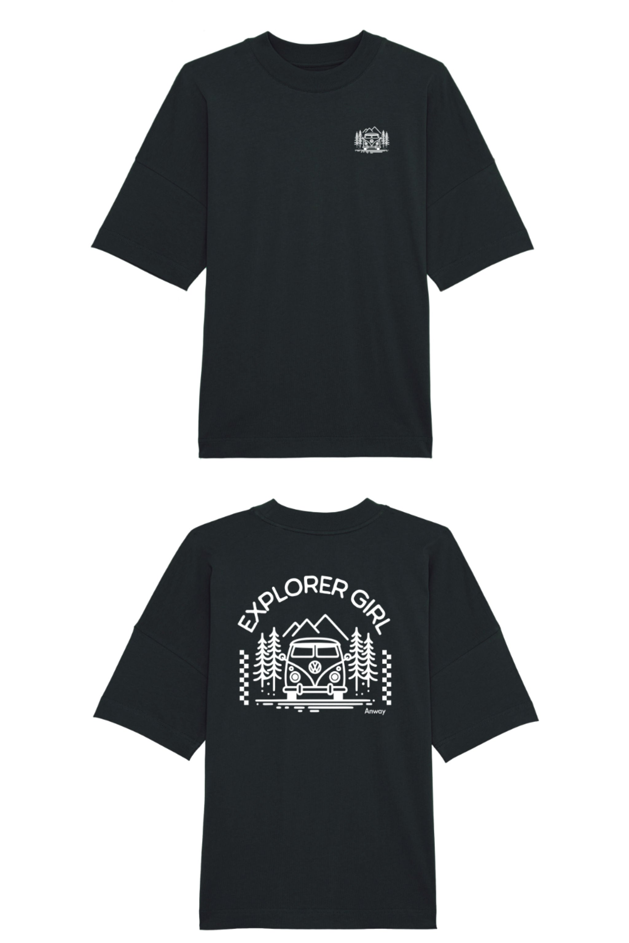 Oversized T-Shirt aus 100 % Bio-Baumwolle mit weitem, modernem Schnitt, erhältlich in Schwarz, Weiss und Natur. Individuell gestaltbar mit Wunschmotiv und frei wählbarer Platzierung. Weiche Qualität, überschnittene Ärmelansätze und lässiger Style für maximalen Tragekomfort. Mit Aufdruck auf dem Rücken "EXPLORER GIRL", einem VW-Bus, Tannen und Bergen und einem kleinen Aufdruck auf der linken Brust – modernes Design für Outdoor-Liebhaberinnen.