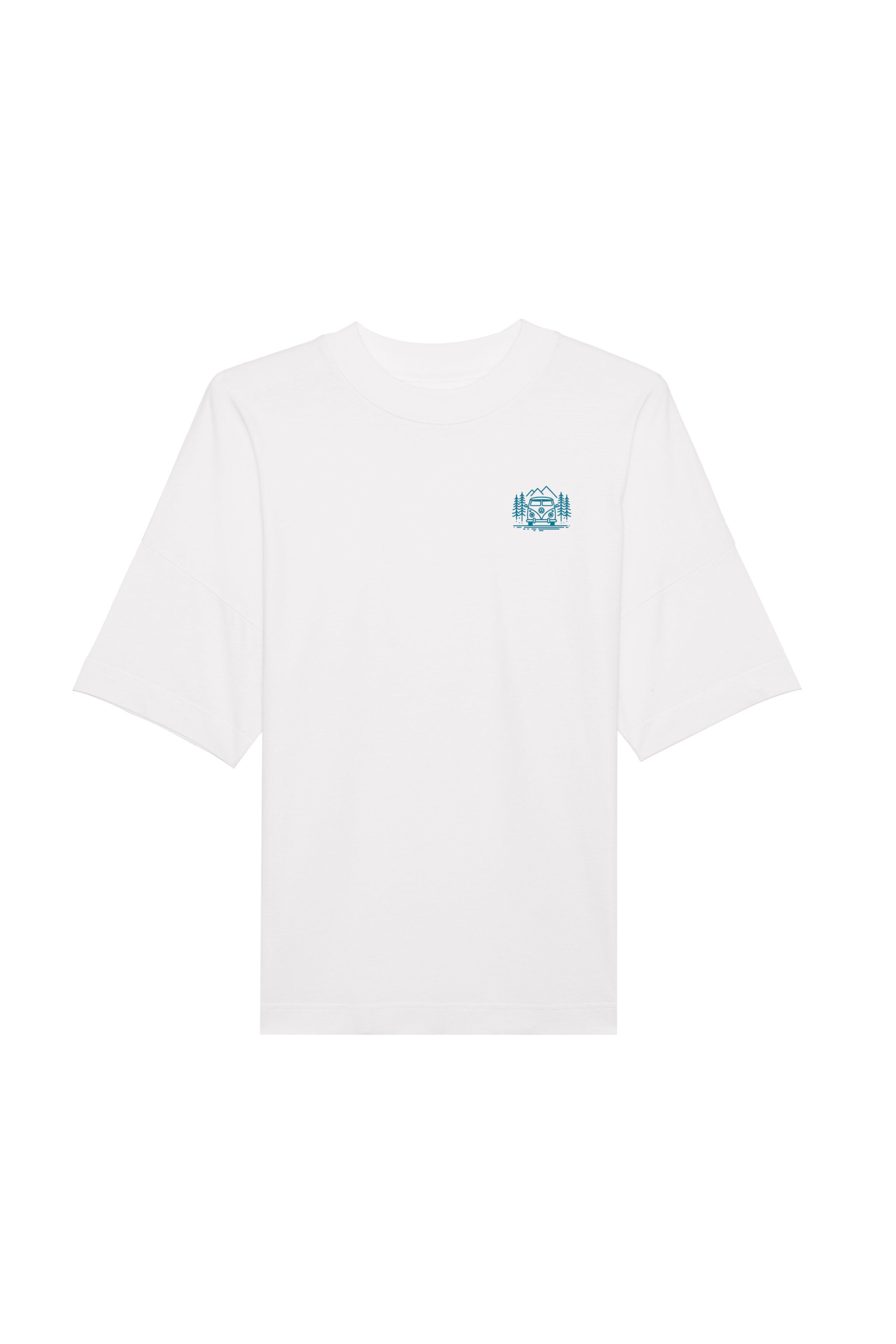 Oversized T-Shirt aus 100 % Bio-Baumwolle mit weitem, modernem Schnitt, erhältlich in Schwarz, Weiss und Natur. Individuell gestaltbar mit Wunschmotiv und frei wählbarer Platzierung. Weiche Qualität, überschnittene Ärmelansätze und lässiger Style für maximalen Tragekomfort. Mit Aufdruck auf dem Rücken "EXPLORER GIRL", einem VW-Bus, Tannen und Bergen und einem kleinen Aufdruck auf der linken Brust – modernes Design für Outdoor-Liebhaberinnen.