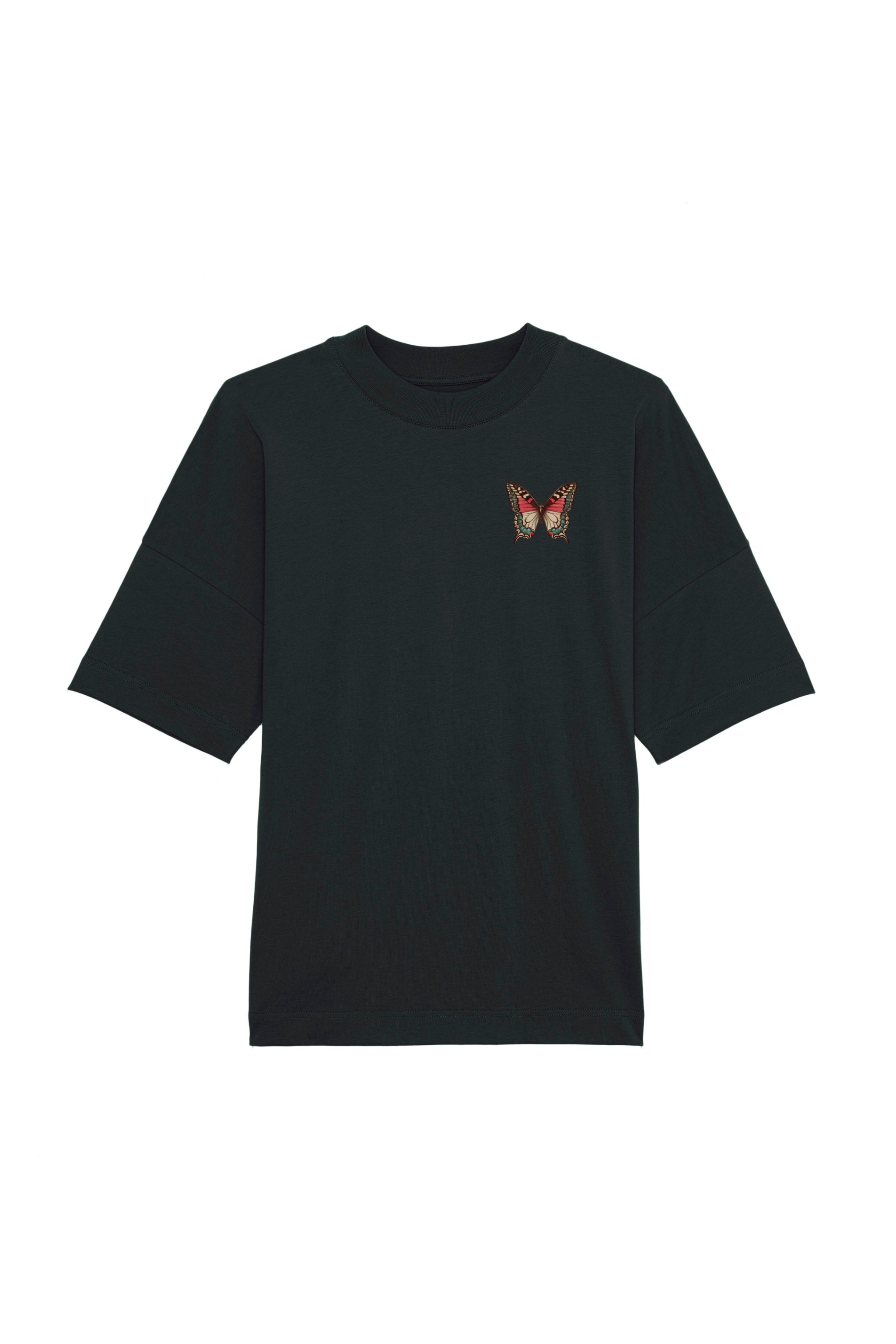 Oversized T-Shirt aus 100 % Bio-Baumwolle mit weitem, modernem Schnitt, erhältlich in Schwarz, Weiss und Natur. Individuell gestaltbar mit Wunschmotiv und frei wählbarer Platzierung. Weiche Qualität, überschnittene Ärmelansätze und lässiger Style für maximalen Tragekomfort. Vorderseite: Farbiger Schmetterling auf der linken Brust. Rückseite: Buntes Blumen- und Schmetterlingsfeld im Illustrationsstil.
