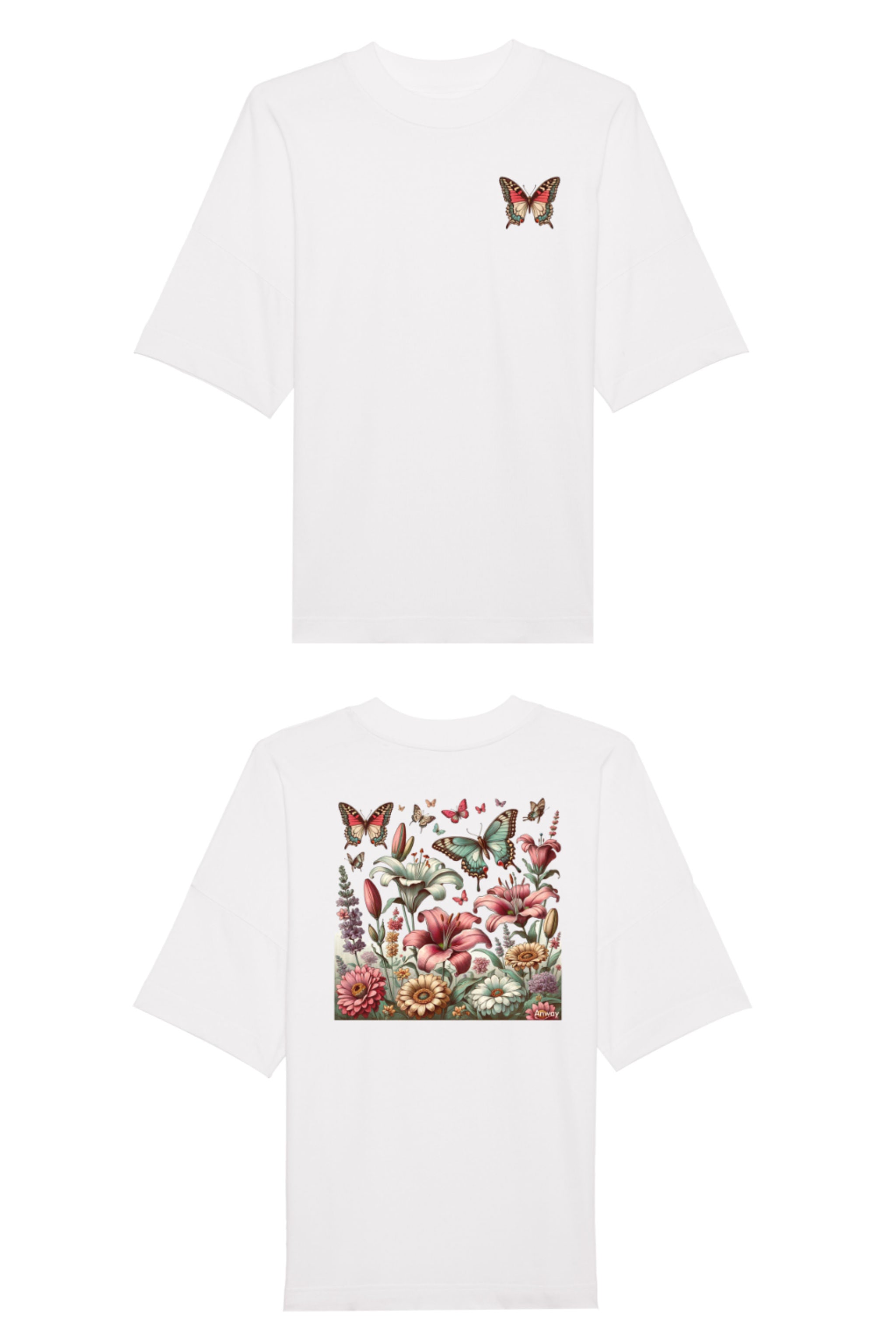 Oversized T-Shirt aus 100 % Bio-Baumwolle mit weitem, modernem Schnitt, erhältlich in Schwarz, Weiss und Natur. Individuell gestaltbar mit Wunschmotiv und frei wählbarer Platzierung. Weiche Qualität, überschnittene Ärmelansätze und lässiger Style für maximalen Tragekomfort. Vorderseite: Farbiger Schmetterling auf der linken Brust. Rückseite: Buntes Blumen- und Schmetterlingsfeld im Illustrationsstil.