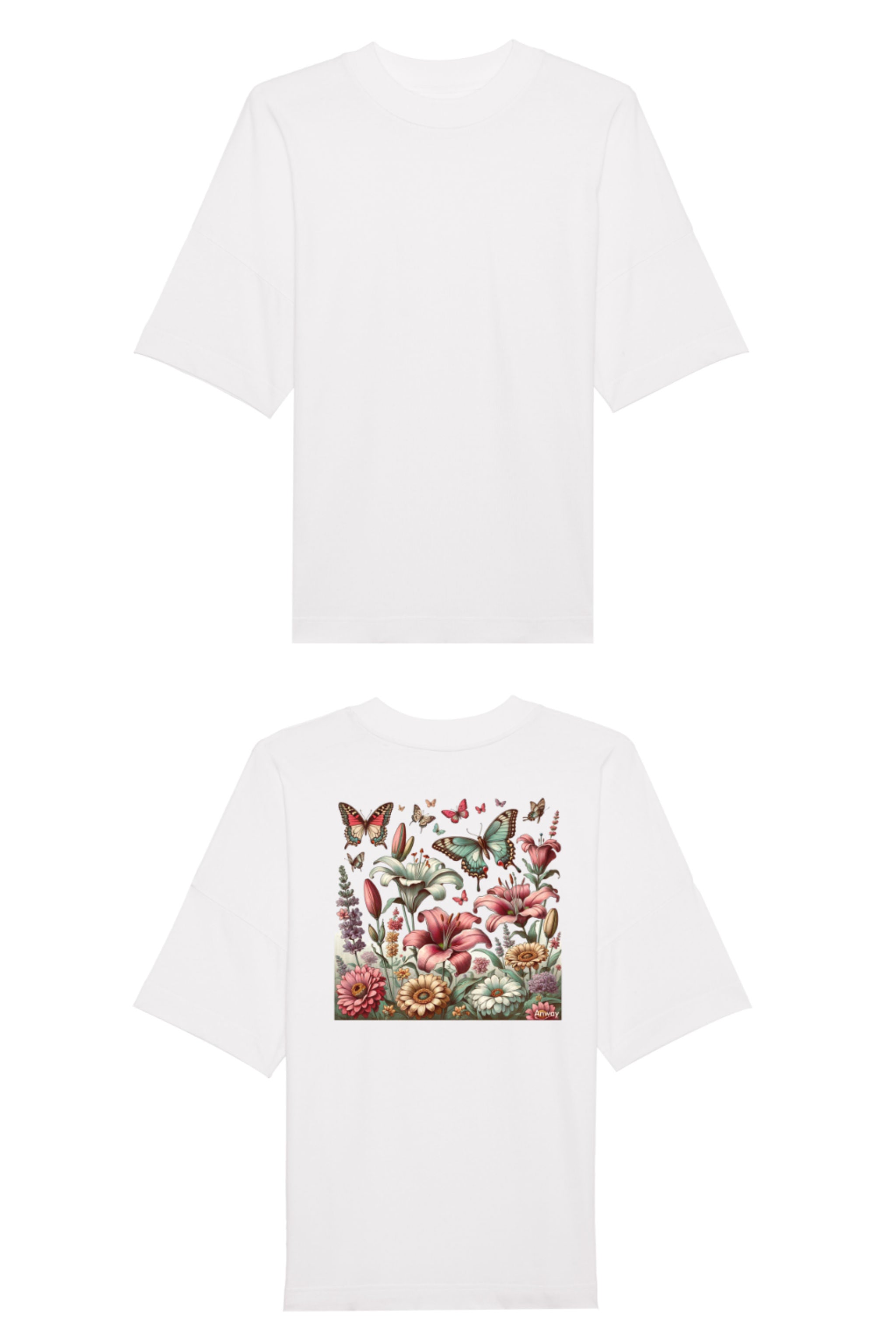Oversized T-Shirt aus 100 % Bio-Baumwolle mit weitem, modernem Schnitt, erhältlich in Schwarz, Weiss und Natur. Individuell gestaltbar mit Wunschmotiv und frei wählbarer Platzierung. Weiche Qualität, überschnittene Ärmelansätze und lässiger Style für maximalen Tragekomfort. Buntes Blumen- und Schmetterlingsfeld im Illustrationsstil auf der Rücken.