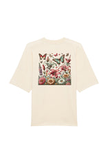 Oversized T-Shirt aus 100 % Bio-Baumwolle mit weitem, modernem Schnitt, erhältlich in Schwarz, Weiss und Natur. Individuell gestaltbar mit Wunschmotiv und frei wählbarer Platzierung. Weiche Qualität, überschnittene Ärmelansätze und lässiger Style für maximalen Tragekomfort. Buntes Blumen- und Schmetterlingsfeld im Illustrationsstil auf der Rücken.