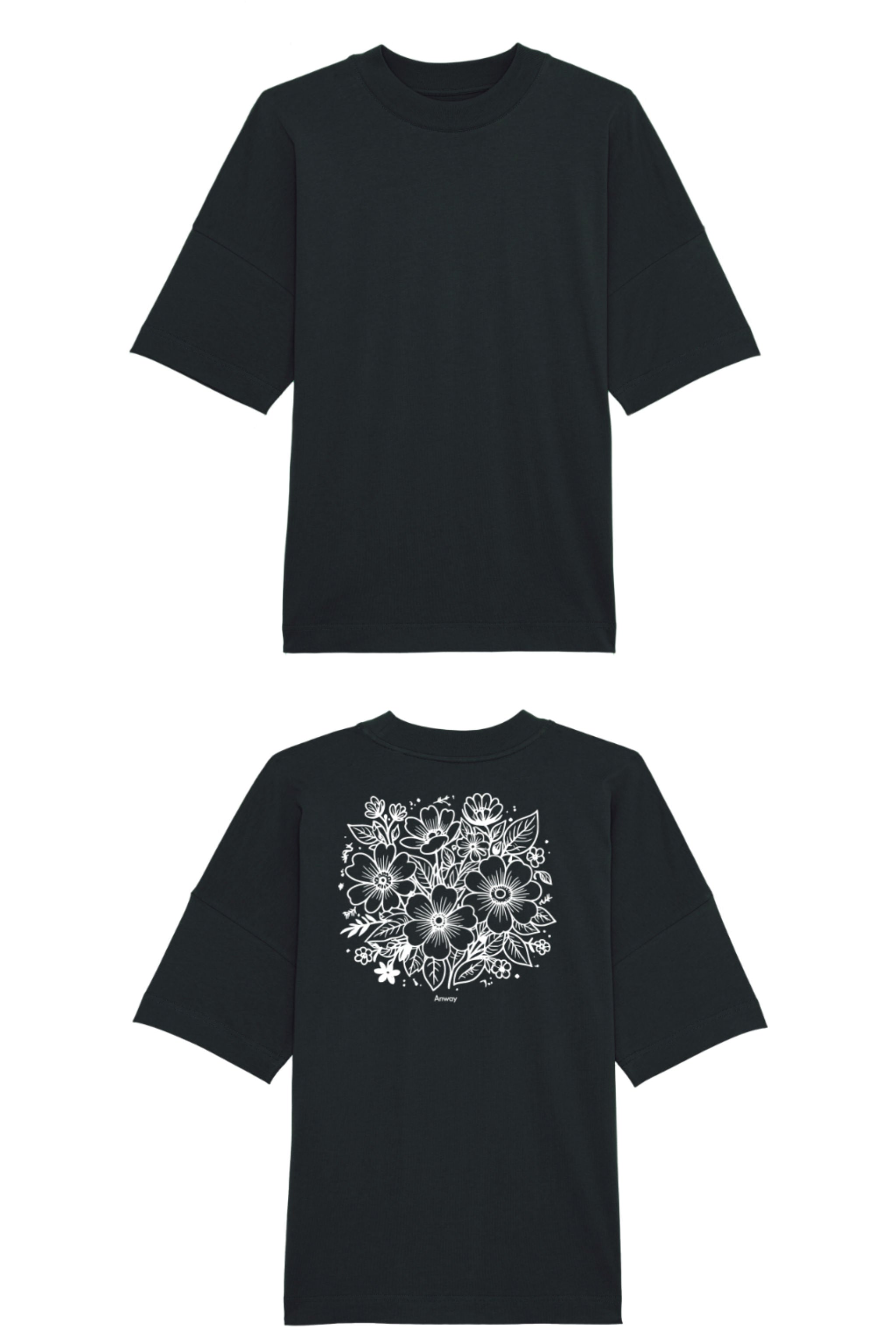 Oversized T-Shirt aus 100 % Bio-Baumwolle mit weitem, modernem Schnitt, erhältlich in Schwarz, Weiss und Natur. Individuell gestaltbar mit Wunschmotiv und frei wählbarer Platzierung. Weiche Qualität, überschnittene Ärmelansätze und lässiger Style für maximalen Tragekomfort. Rückseite:Mit großem schwarzen Blumenmuster aus verschiedenen stilisierten Blüten und Blättern. Rückseite: T-Shirt mit grossem, einfarbigem Blumenprint auf der Rückseite. 