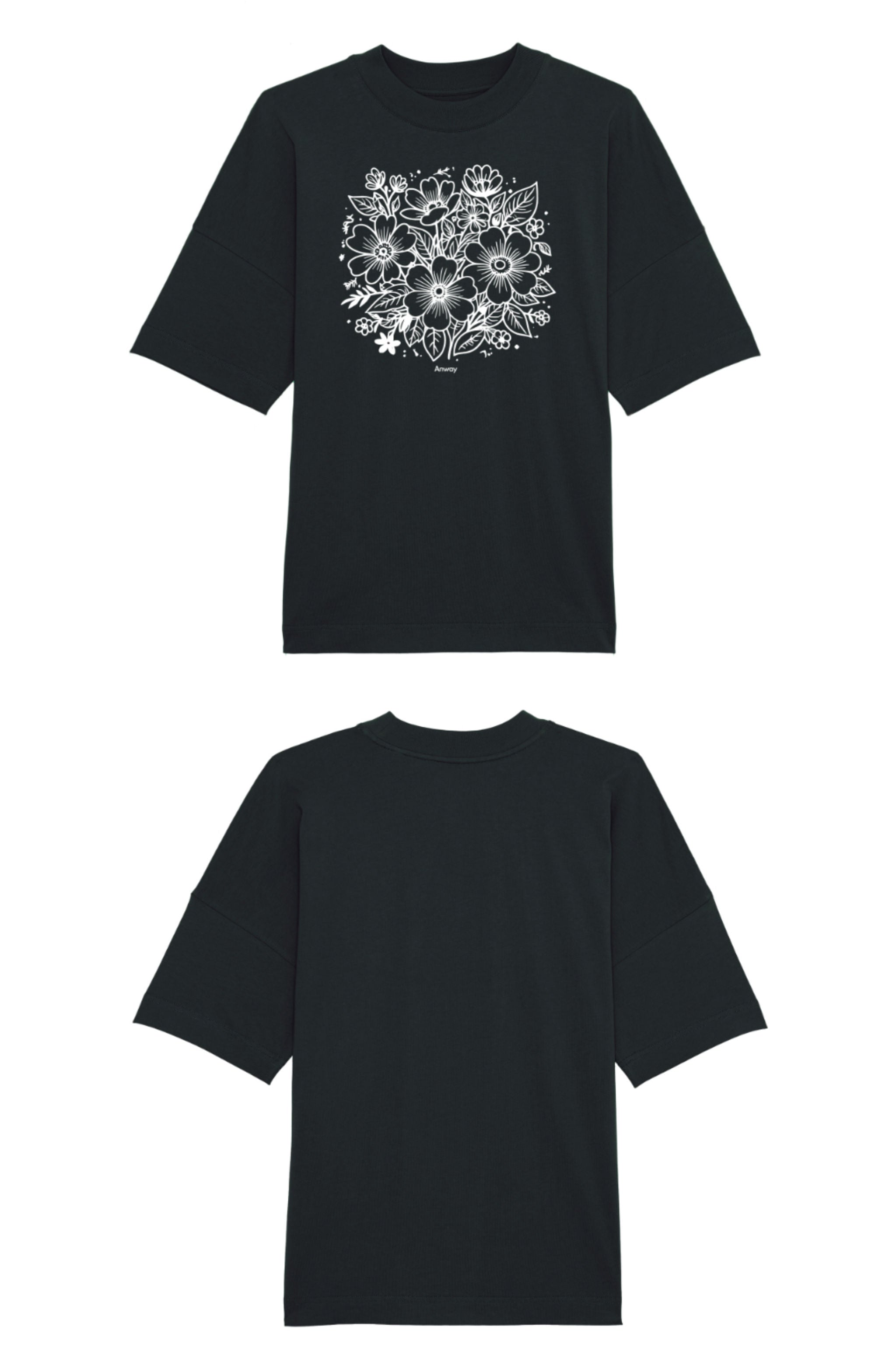 Oversized T-Shirt aus 100 % Bio-Baumwolle mit weitem, modernem Schnitt, erhältlich in Schwarz, Weiss und Natur. Individuell gestaltbar mit Wunschmotiv und frei wählbarer Platzierung. Weiche Qualität, überschnittene Ärmelansätze und lässiger Style für maximalen Tragekomfort. Rückseite:Mit großem schwarzen Blumenmuster aus verschiedenen stilisierten Blüten und Blättern. Vorderseite: T-Shirt mit einfarbigem Blumenprint auf der Vorderseite. 