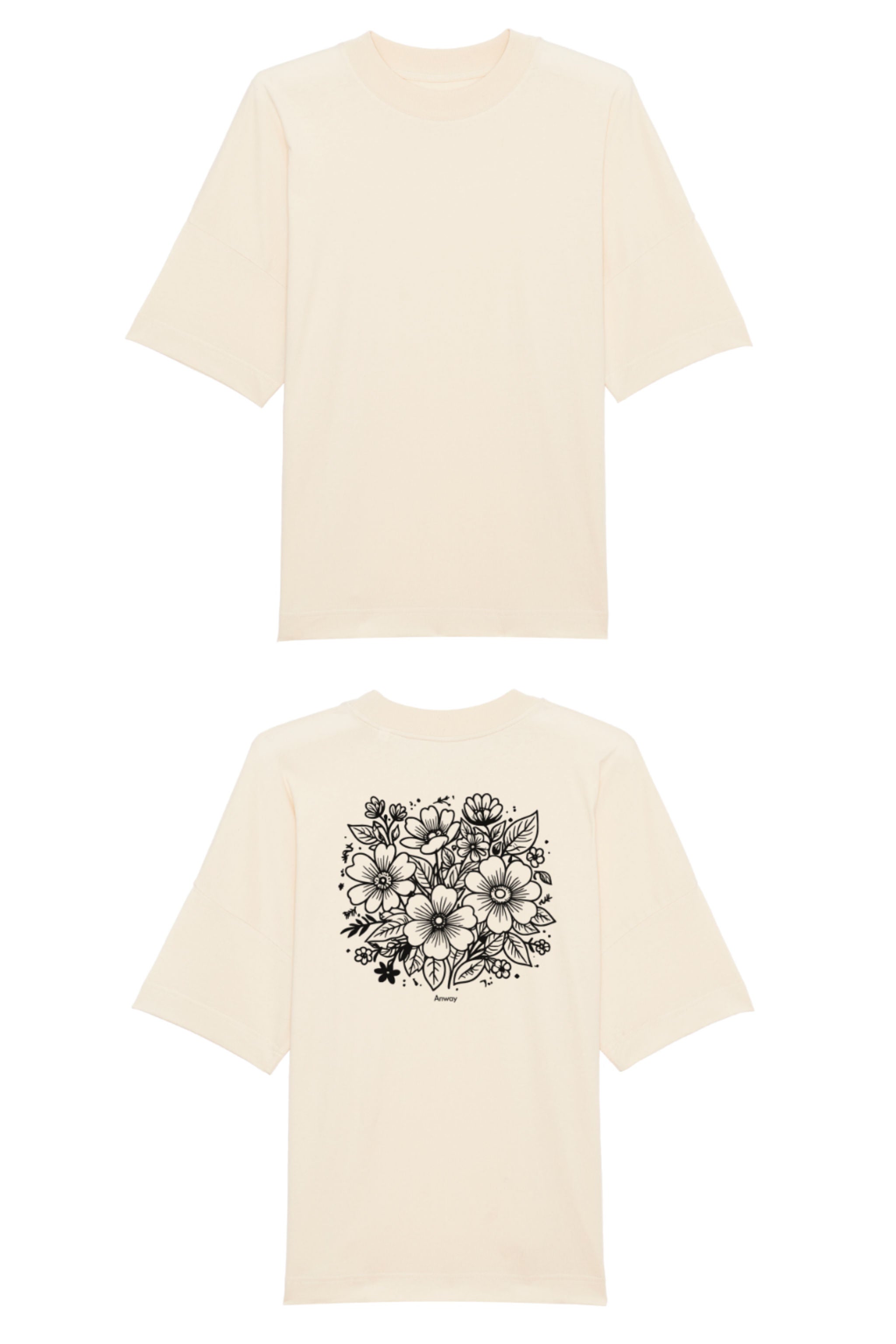 Oversized T-Shirt aus 100 % Bio-Baumwolle mit weitem, modernem Schnitt, erhältlich in Schwarz, Weiss und Natur. Individuell gestaltbar mit Wunschmotiv und frei wählbarer Platzierung. Weiche Qualität, überschnittene Ärmelansätze und lässiger Style für maximalen Tragekomfort. Rückseite:Mit großem schwarzen Blumenmuster aus verschiedenen stilisierten Blüten und Blättern. Rückseite: T-Shirt mit grossem, einfarbigem Blumenprint auf der Rückseite. 