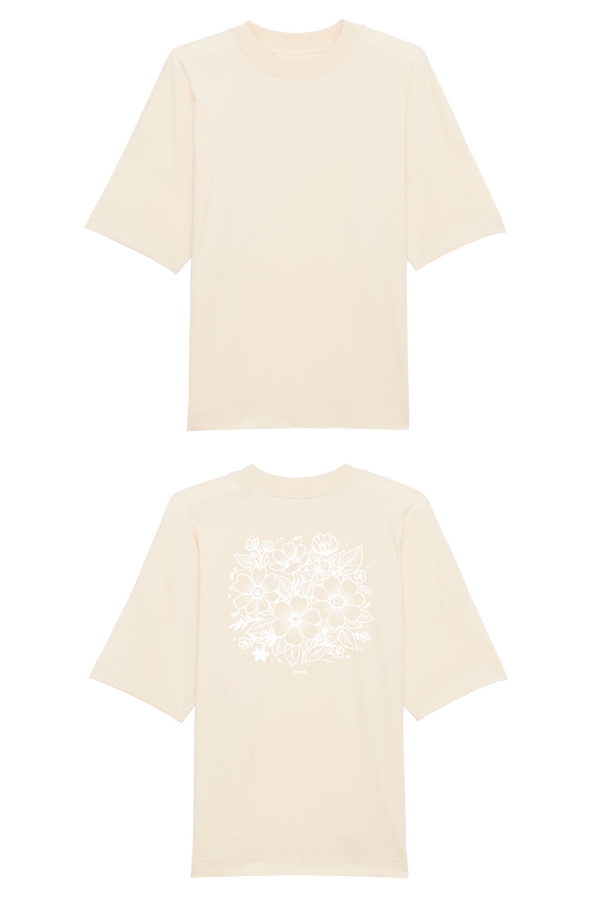 Oversized T-Shirt aus 100 % Bio-Baumwolle mit weitem, modernem Schnitt, erhältlich in Schwarz, Weiss und Natur. Individuell gestaltbar mit Wunschmotiv und frei wählbarer Platzierung. Weiche Qualität, überschnittene Ärmelansätze und lässiger Style für maximalen Tragekomfort. Rückseite:Mit großem schwarzen Blumenmuster aus verschiedenen stilisierten Blüten und Blättern. Rückseite: T-Shirt mit grossem, einfarbigem Blumenprint auf der Rückseite. 