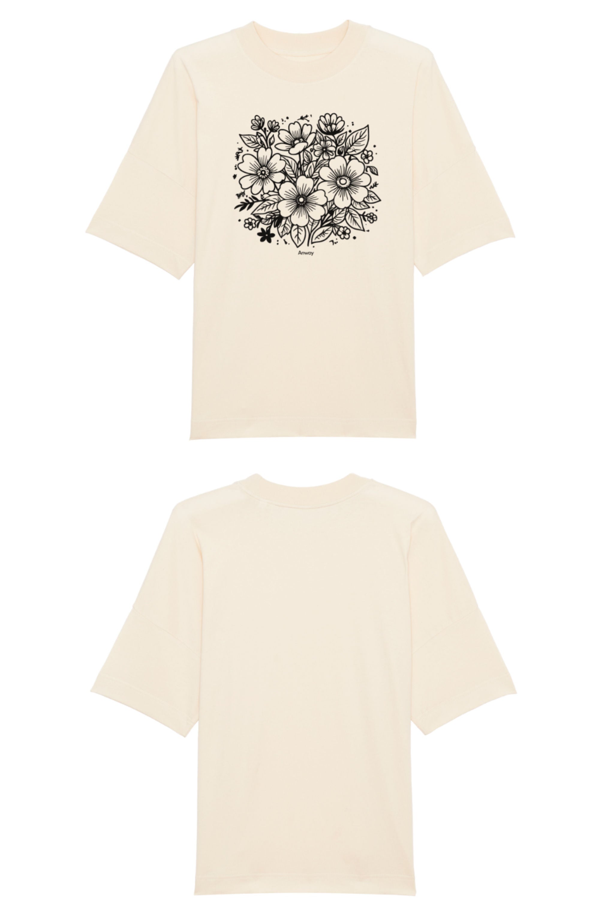 Oversized T-Shirt aus 100 % Bio-Baumwolle mit weitem, modernem Schnitt, erhältlich in Schwarz, Weiss und Natur. Individuell gestaltbar mit Wunschmotiv und frei wählbarer Platzierung. Weiche Qualität, überschnittene Ärmelansätze und lässiger Style für maximalen Tragekomfort. Rückseite:Mit großem schwarzen Blumenmuster aus verschiedenen stilisierten Blüten und Blättern. Vorderseite: T-Shirt mit einfarbigem Blumenprint auf der Vorderseite. 