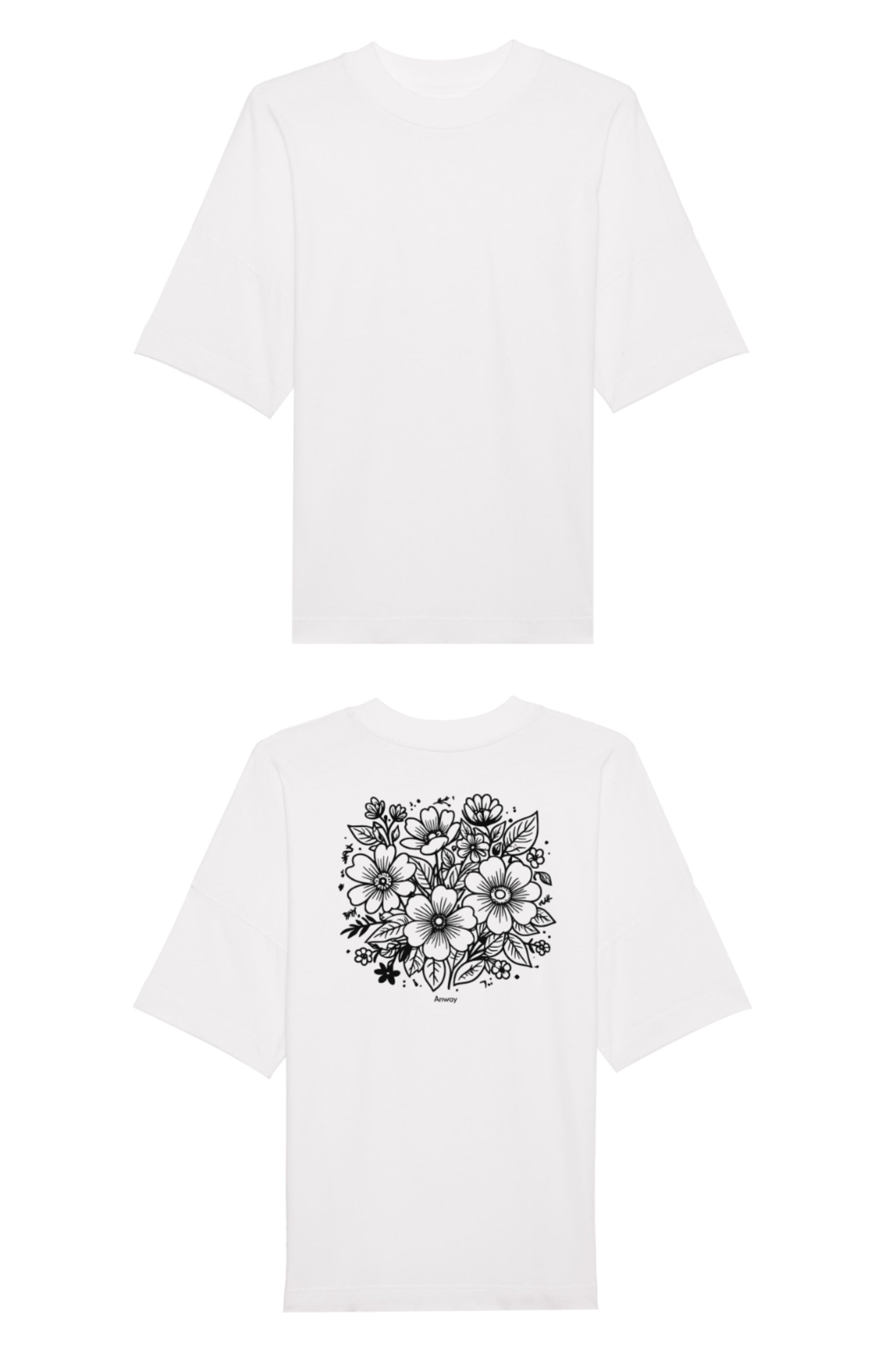 Oversized T-Shirt aus 100 % Bio-Baumwolle mit weitem, modernem Schnitt, erhältlich in Schwarz, Weiss und Natur. Individuell gestaltbar mit Wunschmotiv und frei wählbarer Platzierung. Weiche Qualität, überschnittene Ärmelansätze und lässiger Style für maximalen Tragekomfort. Rückseite:Mit großem schwarzen Blumenmuster aus verschiedenen stilisierten Blüten und Blättern. Rückseite: T-Shirt mit grossem, einfarbigem Blumenprint auf der Rückseite. 