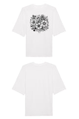 Oversized T-Shirt aus 100 % Bio-Baumwolle mit weitem, modernem Schnitt, erhältlich in Schwarz, Weiss und Natur. Individuell gestaltbar mit Wunschmotiv und frei wählbarer Platzierung. Weiche Qualität, überschnittene Ärmelansätze und lässiger Style für maximalen Tragekomfort. Rückseite:Mit großem schwarzen Blumenmuster aus verschiedenen stilisierten Blüten und Blättern. Vorderseite: T-Shirt mit einfarbigem Blumenprint auf der Vorderseite. 