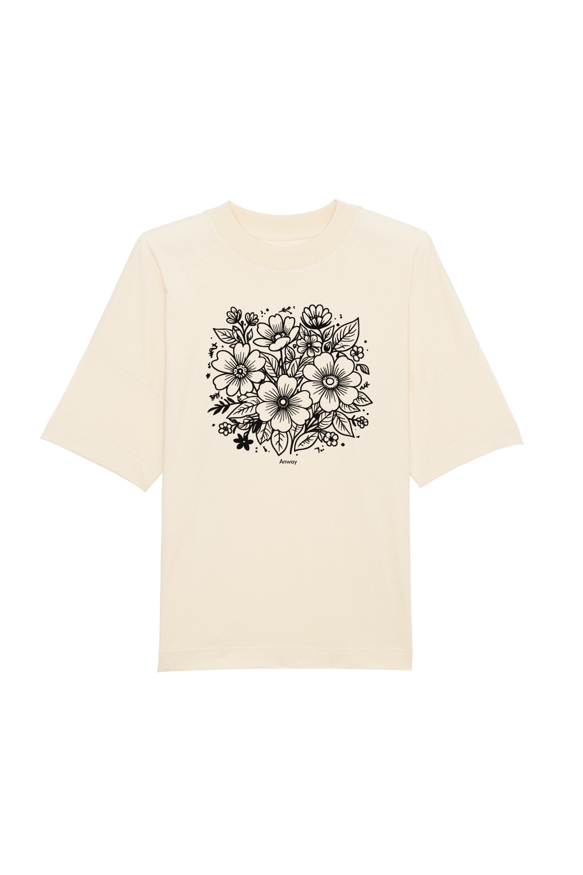 Oversized T-Shirt aus 100 % Bio-Baumwolle mit weitem, modernem Schnitt, erhältlich in Schwarz, Weiss und Natur. Individuell gestaltbar mit Wunschmotiv und frei wählbarer Platzierung. Weiche Qualität, überschnittene Ärmelansätze und lässiger Style für maximalen Tragekomfort. Rückseite:Mit großem schwarzen Blumenmuster aus verschiedenen stilisierten Blüten und Blättern. Vorderseite: T-Shirt mit einfarbigem Blumenprint auf der Vorderseite. 