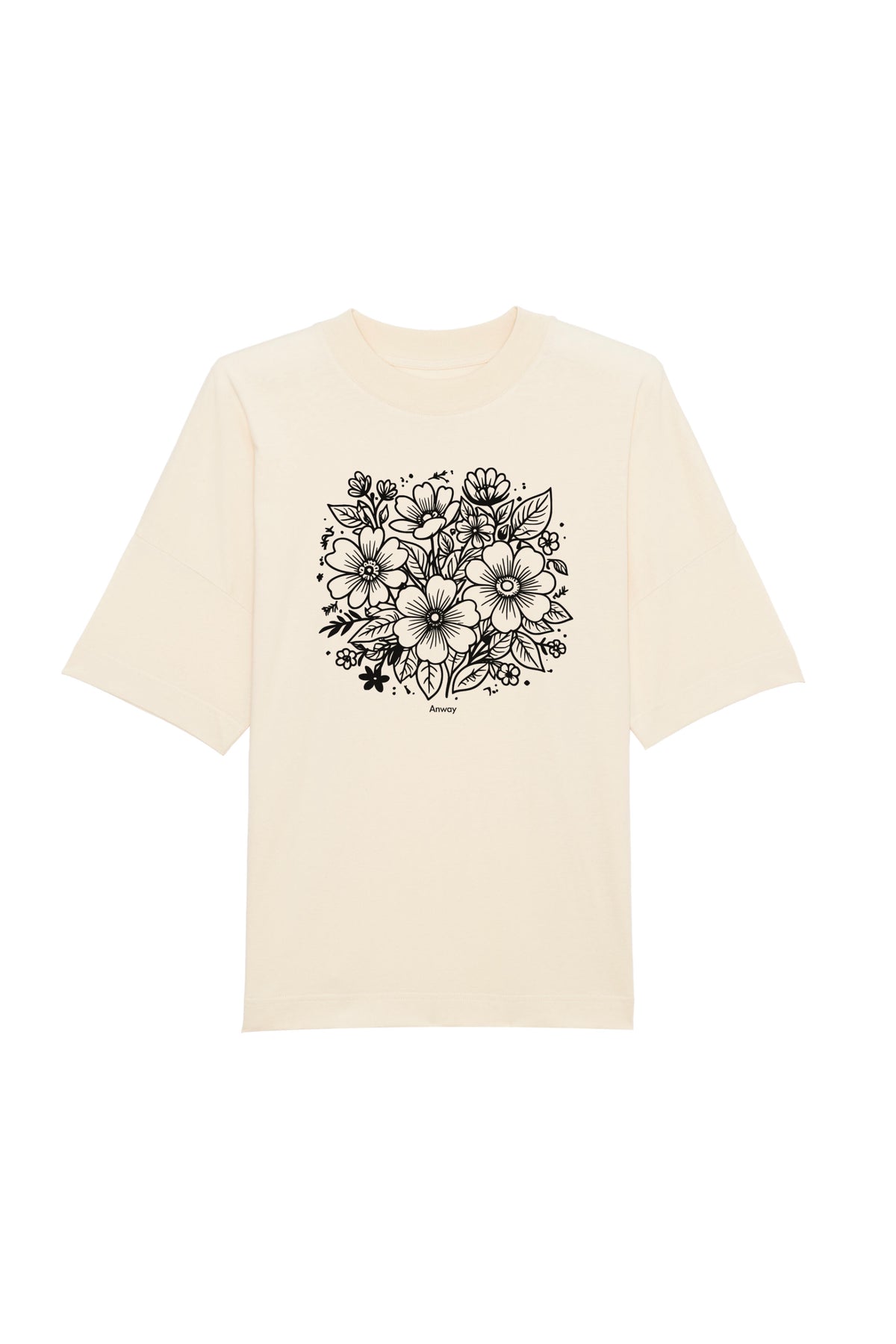 Oversized T-Shirt aus 100 % Bio-Baumwolle mit weitem, modernem Schnitt, erhältlich in Schwarz, Weiss und Natur. Individuell gestaltbar mit Wunschmotiv und frei wählbarer Platzierung. Weiche Qualität, überschnittene Ärmelansätze und lässiger Style für maximalen Tragekomfort. Rückseite:Mit großem schwarzen Blumenmuster aus verschiedenen stilisierten Blüten und Blättern. Vorderseite: T-Shirt mit einfarbigem Blumenprint auf der Vorderseite. 