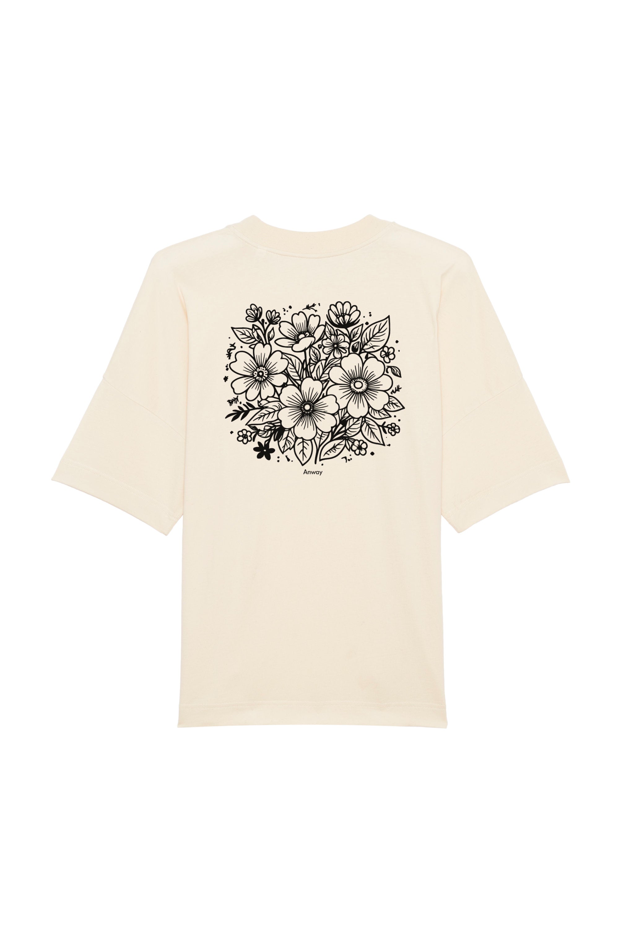 Oversized T-Shirt aus 100 % Bio-Baumwolle mit weitem, modernem Schnitt, erhältlich in Schwarz, Weiss und Natur. Individuell gestaltbar mit Wunschmotiv und frei wählbarer Platzierung. Weiche Qualität, überschnittene Ärmelansätze und lässiger Style für maximalen Tragekomfort. Rückseite:Mit großem schwarzen Blumenmuster aus verschiedenen stilisierten Blüten und Blättern. Rückseite: T-Shirt mit grossem, einfarbigem Blumenprint auf der Rückseite. 