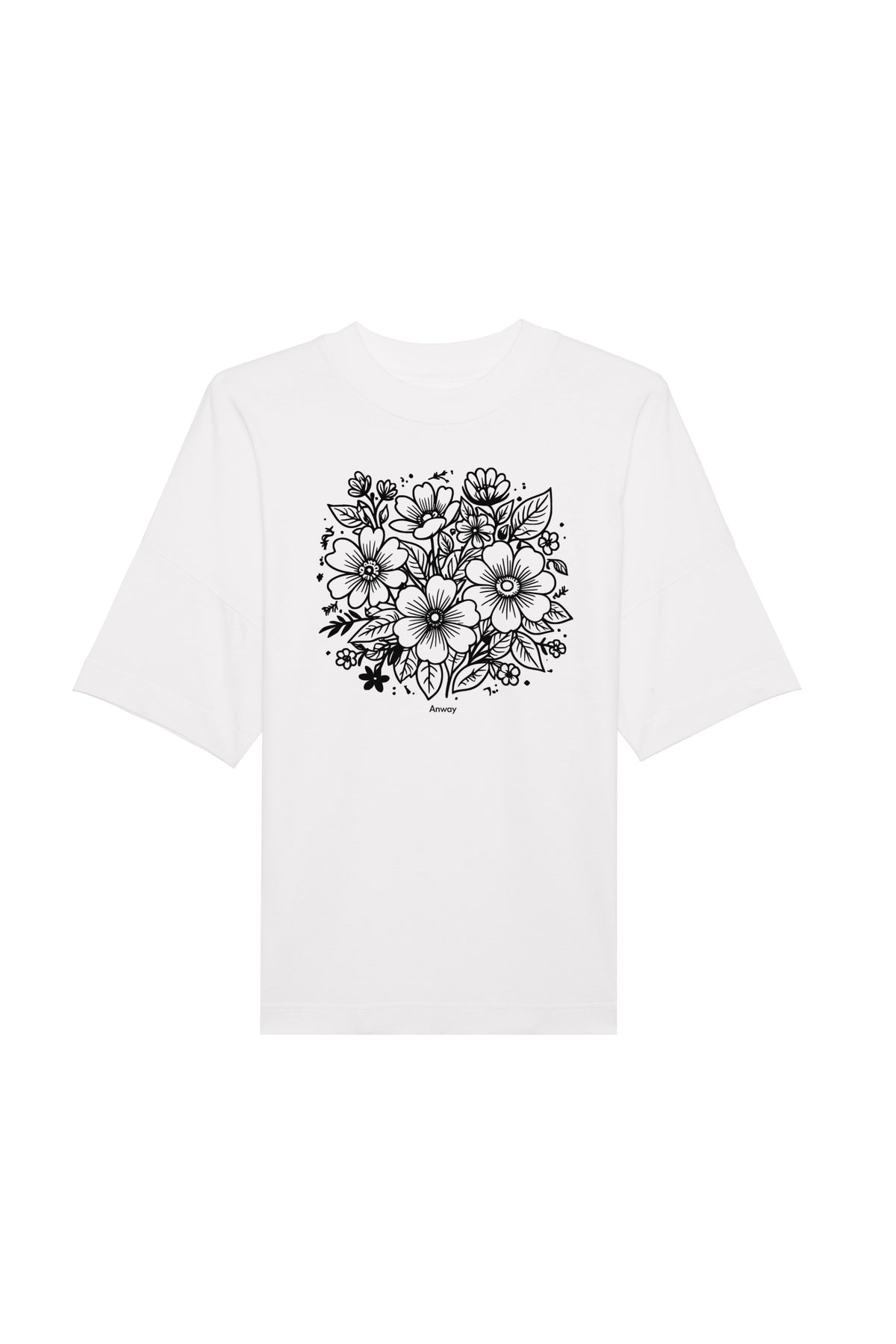 Oversized T-Shirt aus 100 % Bio-Baumwolle mit weitem, modernem Schnitt, erhältlich in Schwarz, Weiss und Natur. Individuell gestaltbar mit Wunschmotiv und frei wählbarer Platzierung. Weiche Qualität, überschnittene Ärmelansätze und lässiger Style für maximalen Tragekomfort. Rückseite:Mit großem schwarzen Blumenmuster aus verschiedenen stilisierten Blüten und Blättern. Vorderseite: T-Shirt mit einfarbigem Blumenprint auf der Vorderseite. 