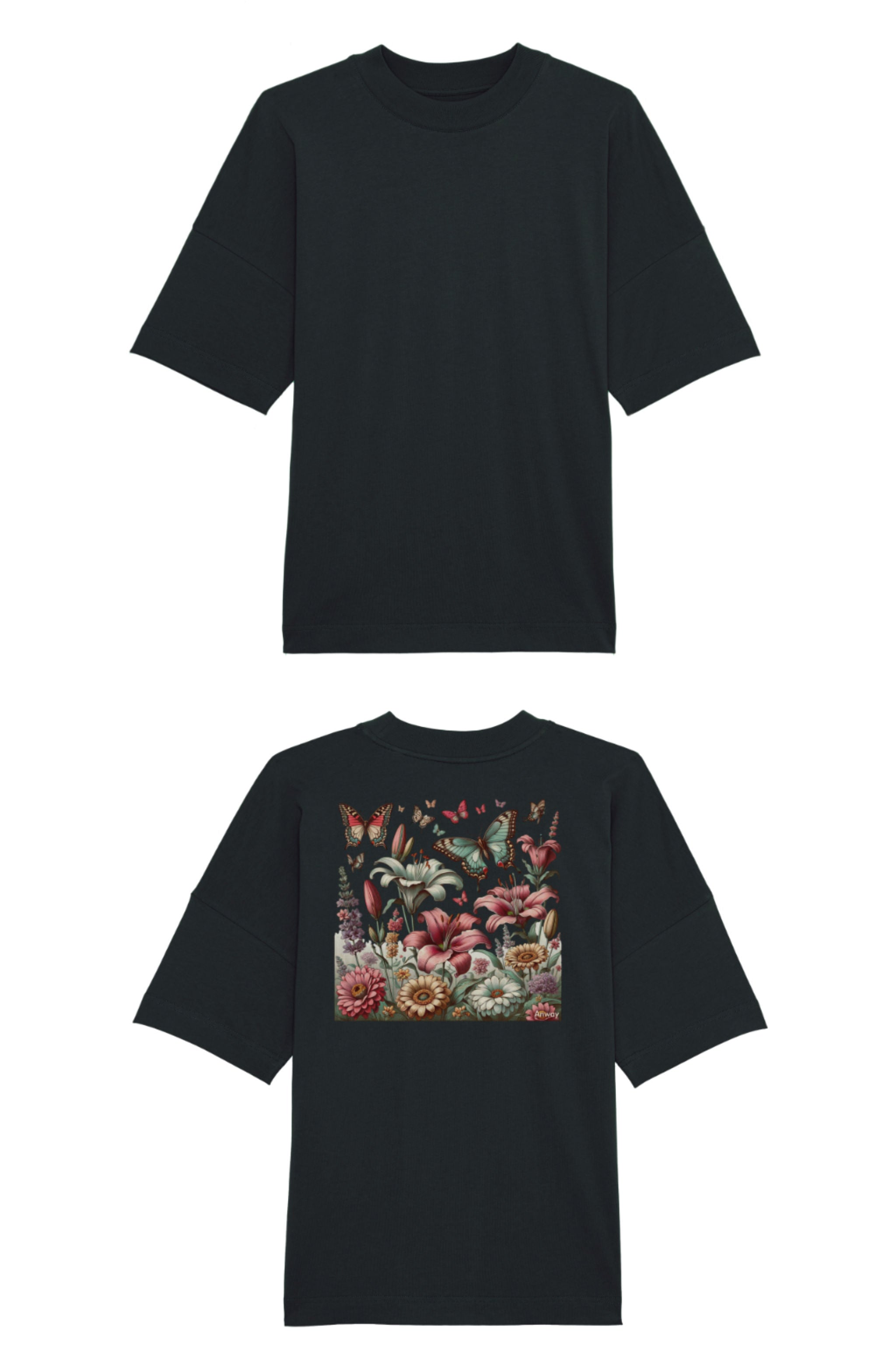 Oversized T-Shirt aus 100 % Bio-Baumwolle mit weitem, modernem Schnitt, erhältlich in Schwarz, Weiss und Natur. Individuell gestaltbar mit Wunschmotiv und frei wählbarer Platzierung. Weiche Qualität, überschnittene Ärmelansätze und lässiger Style für maximalen Tragekomfort. Buntes Blumen- und Schmetterlingsfeld im Illustrationsstil auf der Rücken.