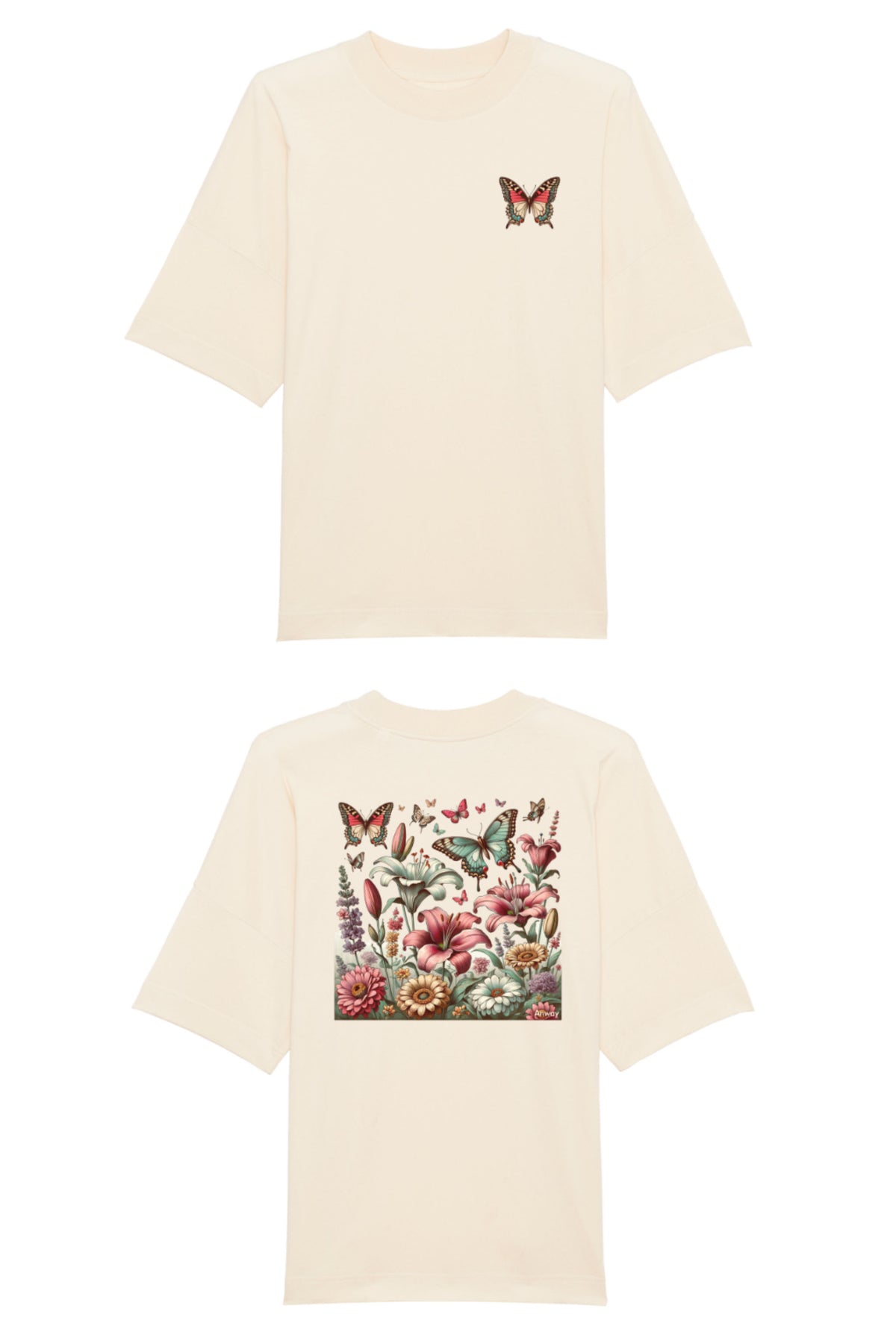Oversized T-Shirt aus 100 % Bio-Baumwolle mit weitem, modernem Schnitt, erhältlich in Schwarz, Weiss und Natur. Individuell gestaltbar mit Wunschmotiv und frei wählbarer Platzierung. Weiche Qualität, überschnittene Ärmelansätze und lässiger Style für maximalen Tragekomfort. Vorderseite: Farbiger Schmetterling auf der linken Brust. Rückseite: Buntes Blumen- und Schmetterlingsfeld im Illustrationsstil.