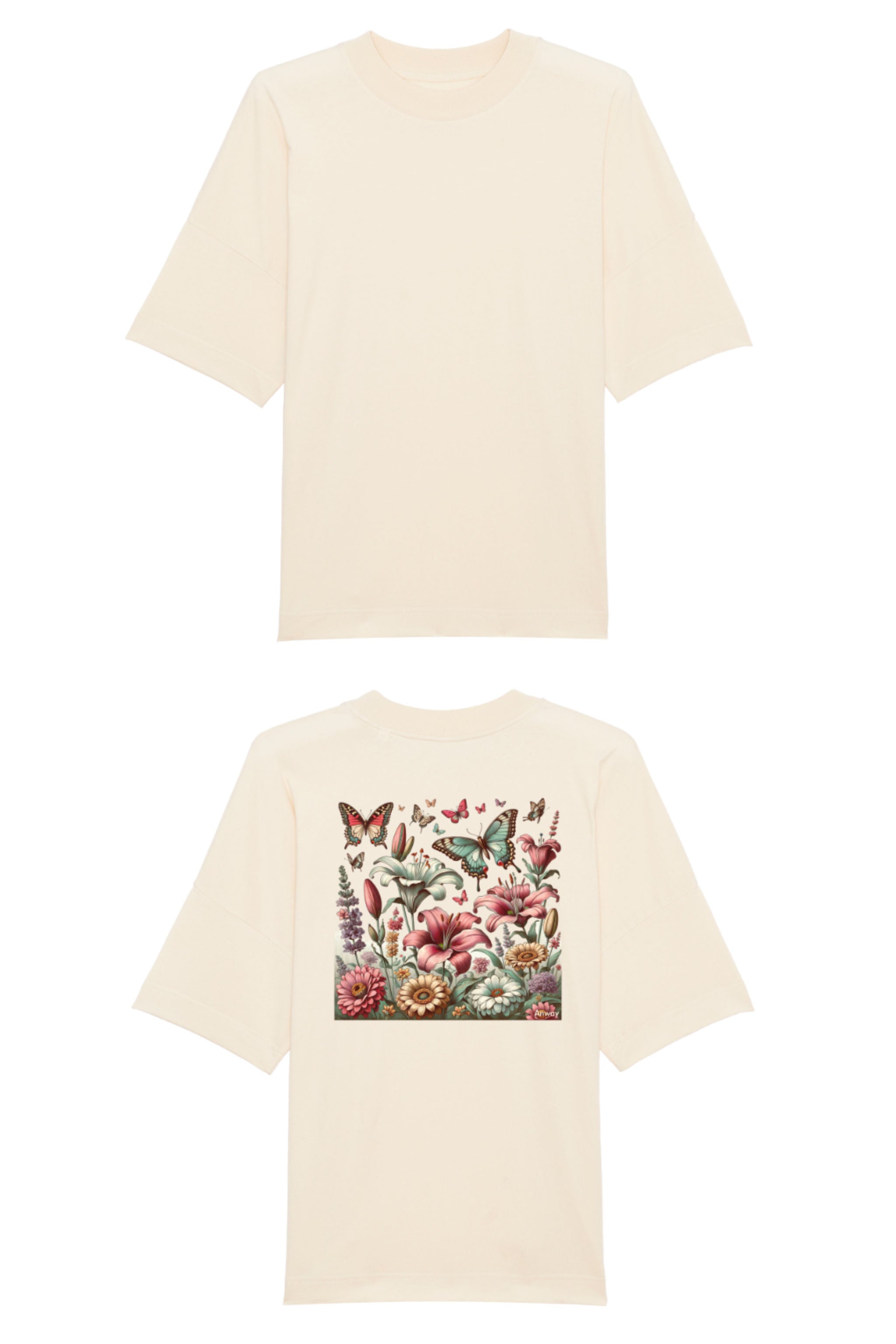 Oversized T-Shirt aus 100 % Bio-Baumwolle mit weitem, modernem Schnitt, erhältlich in Schwarz, Weiss und Natur. Individuell gestaltbar mit Wunschmotiv und frei wählbarer Platzierung. Weiche Qualität, überschnittene Ärmelansätze und lässiger Style für maximalen Tragekomfort. Buntes Blumen- und Schmetterlingsfeld im Illustrationsstil auf der Rücken.