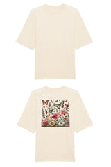 Oversized T-Shirt aus 100 % Bio-Baumwolle mit weitem, modernem Schnitt, erhältlich in Schwarz, Weiss und Natur. Individuell gestaltbar mit Wunschmotiv und frei wählbarer Platzierung. Weiche Qualität, überschnittene Ärmelansätze und lässiger Style für maximalen Tragekomfort. Buntes Blumen- und Schmetterlingsfeld im Illustrationsstil auf der Rücken.
