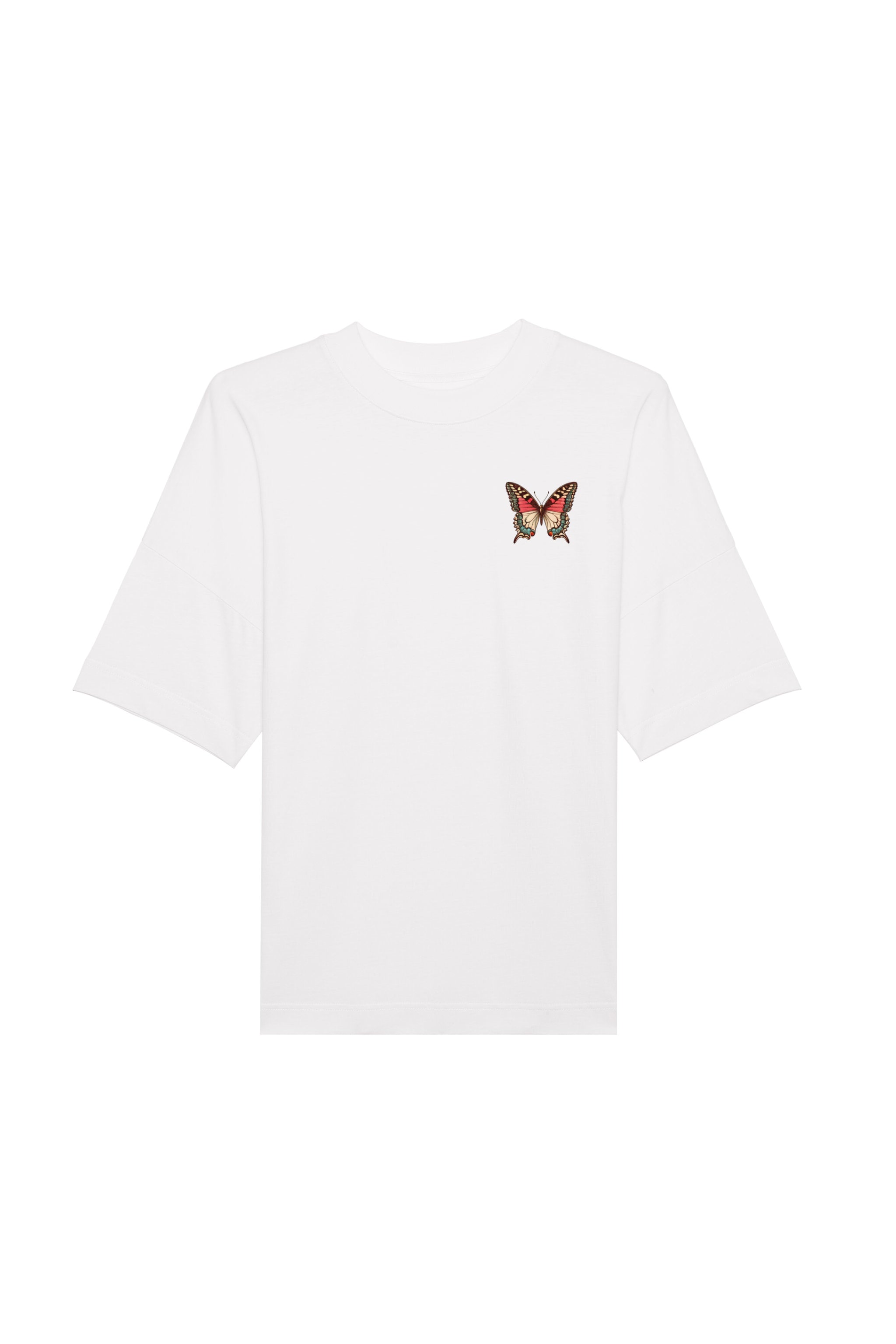 Oversized T-Shirt aus 100 % Bio-Baumwolle mit weitem, modernem Schnitt, erhältlich in Schwarz, Weiss und Natur. Individuell gestaltbar mit Wunschmotiv und frei wählbarer Platzierung. Weiche Qualität, überschnittene Ärmelansätze und lässiger Style für maximalen Tragekomfort. Vorderseite: Farbiger Schmetterling auf der linken Brust. Rückseite: Buntes Blumen- und Schmetterlingsfeld im Illustrationsstil.