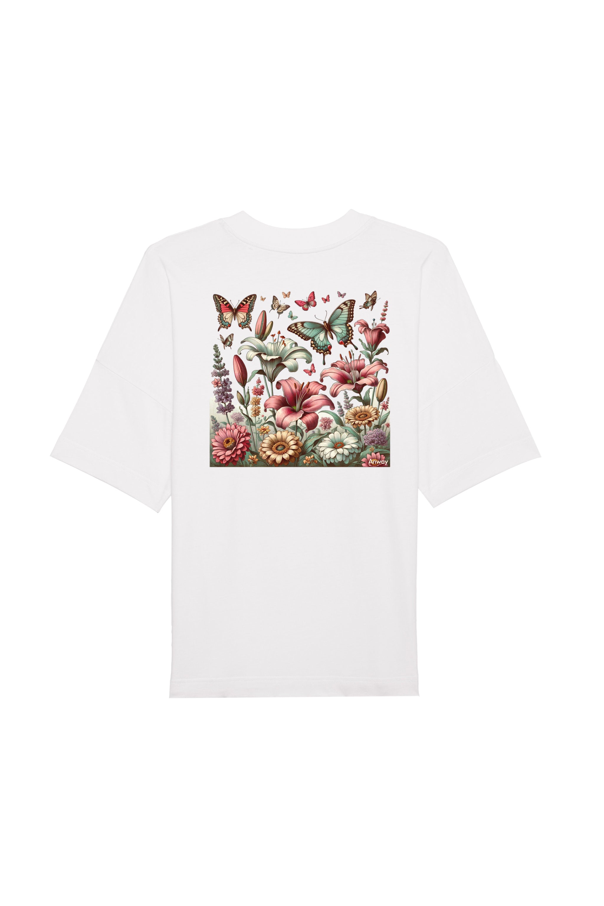 Oversized T-Shirt aus 100 % Bio-Baumwolle mit weitem, modernem Schnitt, erhältlich in Schwarz, Weiss und Natur. Individuell gestaltbar mit Wunschmotiv und frei wählbarer Platzierung. Weiche Qualität, überschnittene Ärmelansätze und lässiger Style für maximalen Tragekomfort. Buntes Blumen- und Schmetterlingsfeld im Illustrationsstil auf der Rücken.