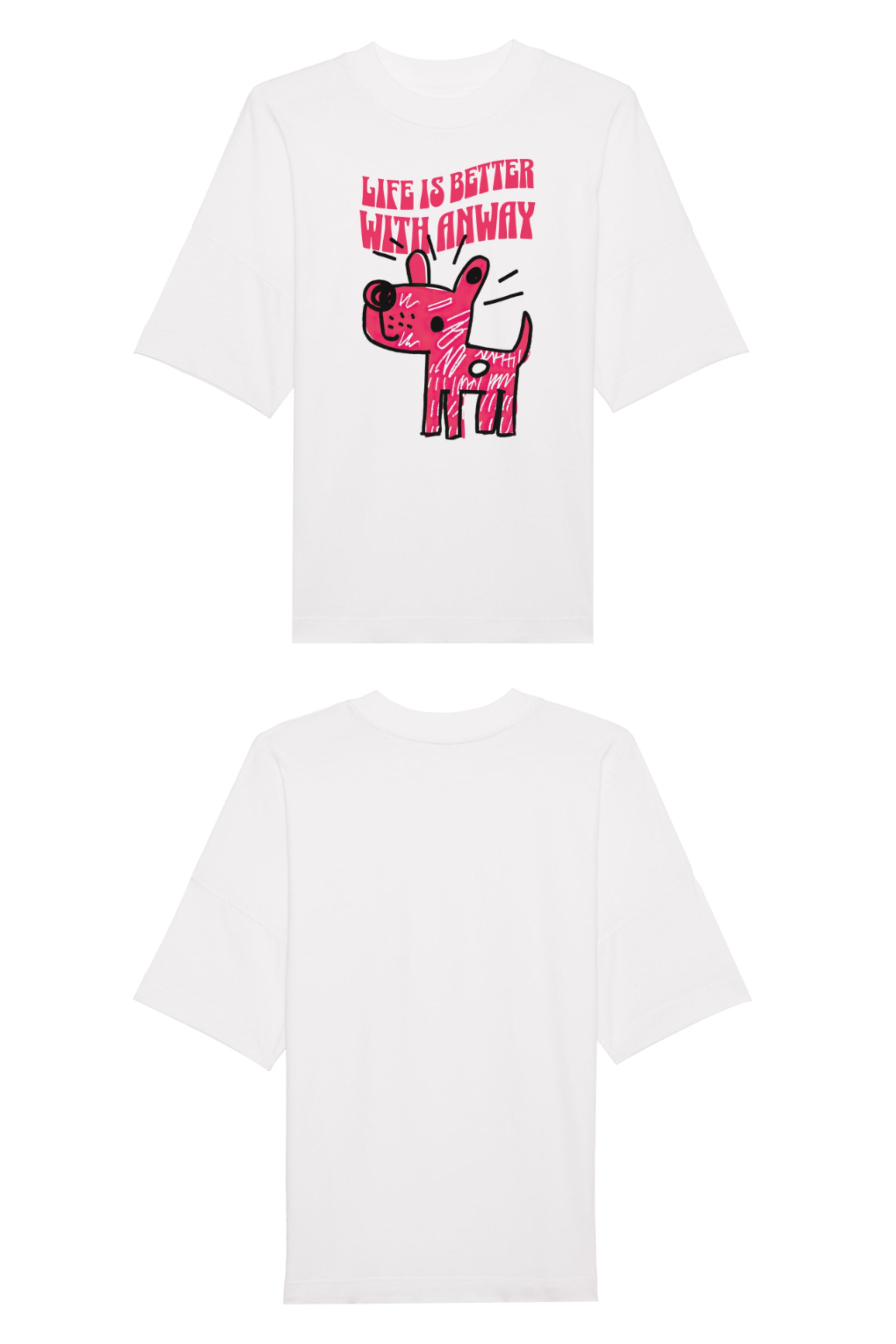 Oversized T-Shirt aus 100 % Bio-Baumwolle mit weitem, modernem Schnitt, erhältlich in Schwarz, Weiss und Natur. Individuell gestaltbar mit Wunschmotiv und frei wählbarer Platzierung. Weiche Qualität, überschnittene Ärmelansätze und lässiger Style für maximalen Tragekomfort. Handgezeichnetes Hundemotiv und Schriftzug „LIFE IS BETTER WITH ANWAY“ auf der Vorderseite.