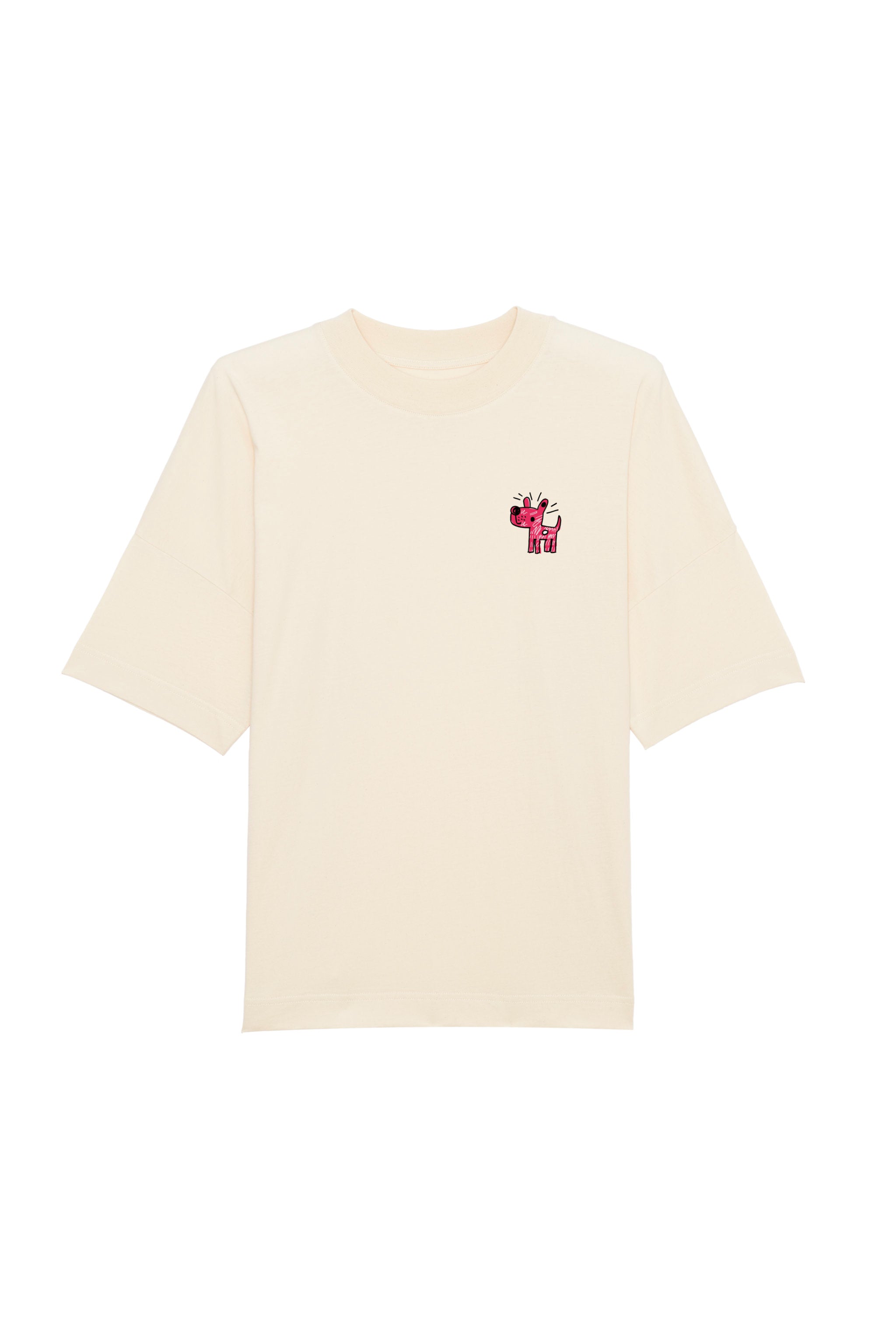 Oversized T-Shirt aus 100 % Bio-Baumwolle mit weitem, modernem Schnitt, erhältlich in Schwarz, Weiss und Natur. Individuell gestaltbar mit Wunschmotiv und frei wählbarer Platzierung. Weiche Qualität, überschnittene Ärmelansätze und lässiger Style für maximalen Tragekomfort. Vorderseite: Kleiner Hund im Comic-Stil auf der linken Brust. Rückseite: Handgezeichnetes Hundemotiv und Schriftzug „LIFE IS BETTER WITH ANWAY“