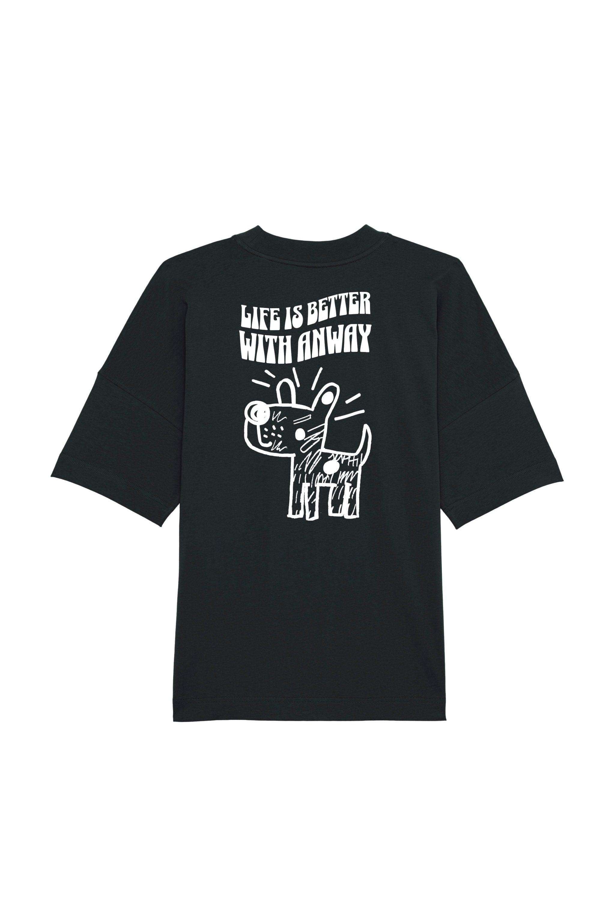 Oversized T-Shirt aus 100 % Bio-Baumwolle mit weitem, modernem Schnitt, erhältlich in Schwarz, Weiss und Natur. Individuell gestaltbar mit Wunschmotiv und frei wählbarer Platzierung. Weiche Qualität, überschnittene Ärmelansätze und lässiger Style für maximalen Tragekomfort. Handgezeichnetes Hundemotiv und Schriftzug „LIFE IS BETTER WITH ANWAY“ auf der Rückseite.