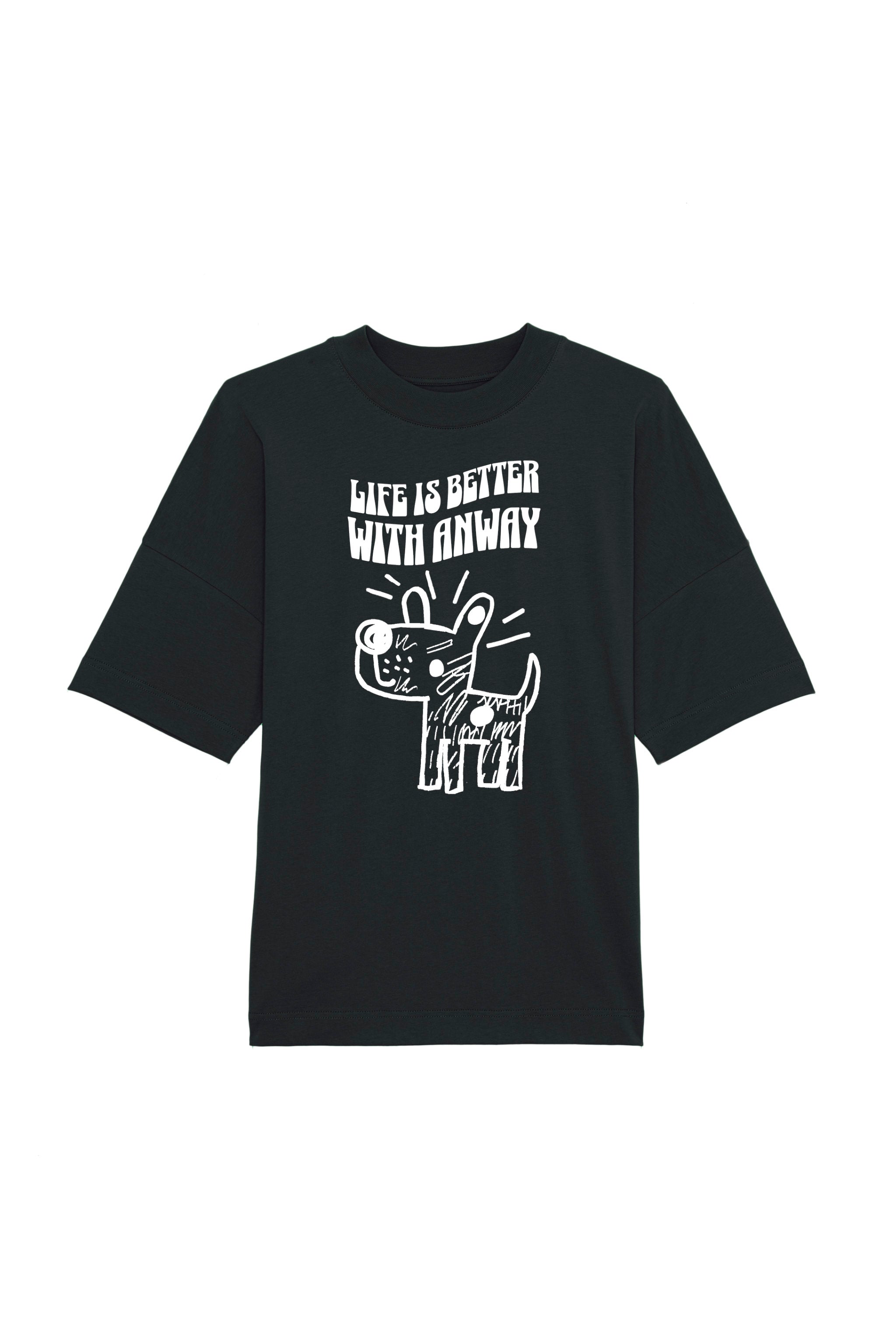 Oversized T-Shirt aus 100 % Bio-Baumwolle mit weitem, modernem Schnitt, erhältlich in Schwarz, Weiss und Natur. Individuell gestaltbar mit Wunschmotiv und frei wählbarer Platzierung. Weiche Qualität, überschnittene Ärmelansätze und lässiger Style für maximalen Tragekomfort. Handgezeichnetes Hundemotiv und Schriftzug „LIFE IS BETTER WITH ANWAY“ auf der Vorderseite.
