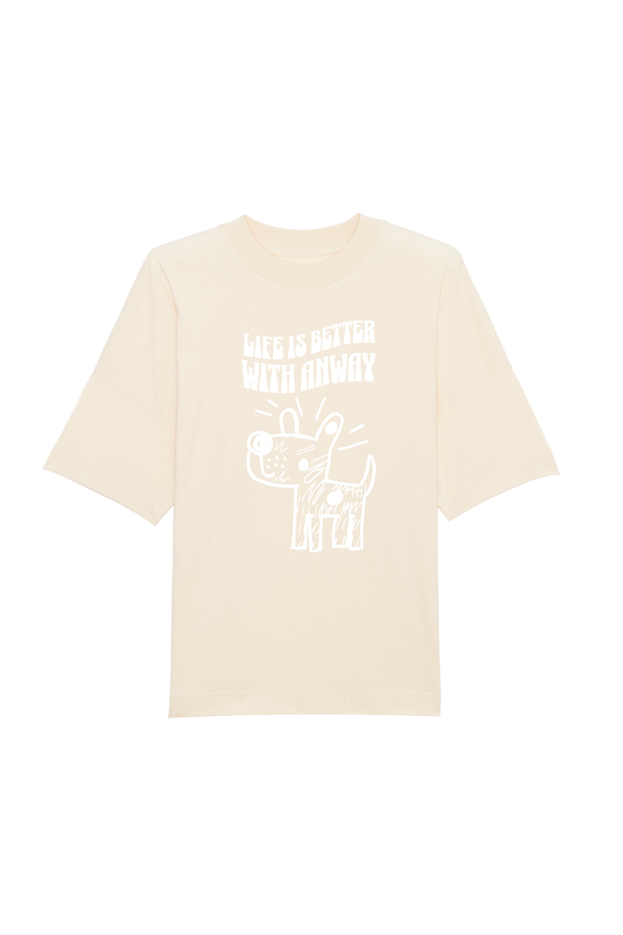 Oversized T-Shirt aus 100 % Bio-Baumwolle mit weitem, modernem Schnitt, erhältlich in Schwarz, Weiss und Natur. Individuell gestaltbar mit Wunschmotiv und frei wählbarer Platzierung. Weiche Qualität, überschnittene Ärmelansätze und lässiger Style für maximalen Tragekomfort. Handgezeichnetes Hundemotiv und Schriftzug „LIFE IS BETTER WITH ANWAY“ auf der Vorderseite.