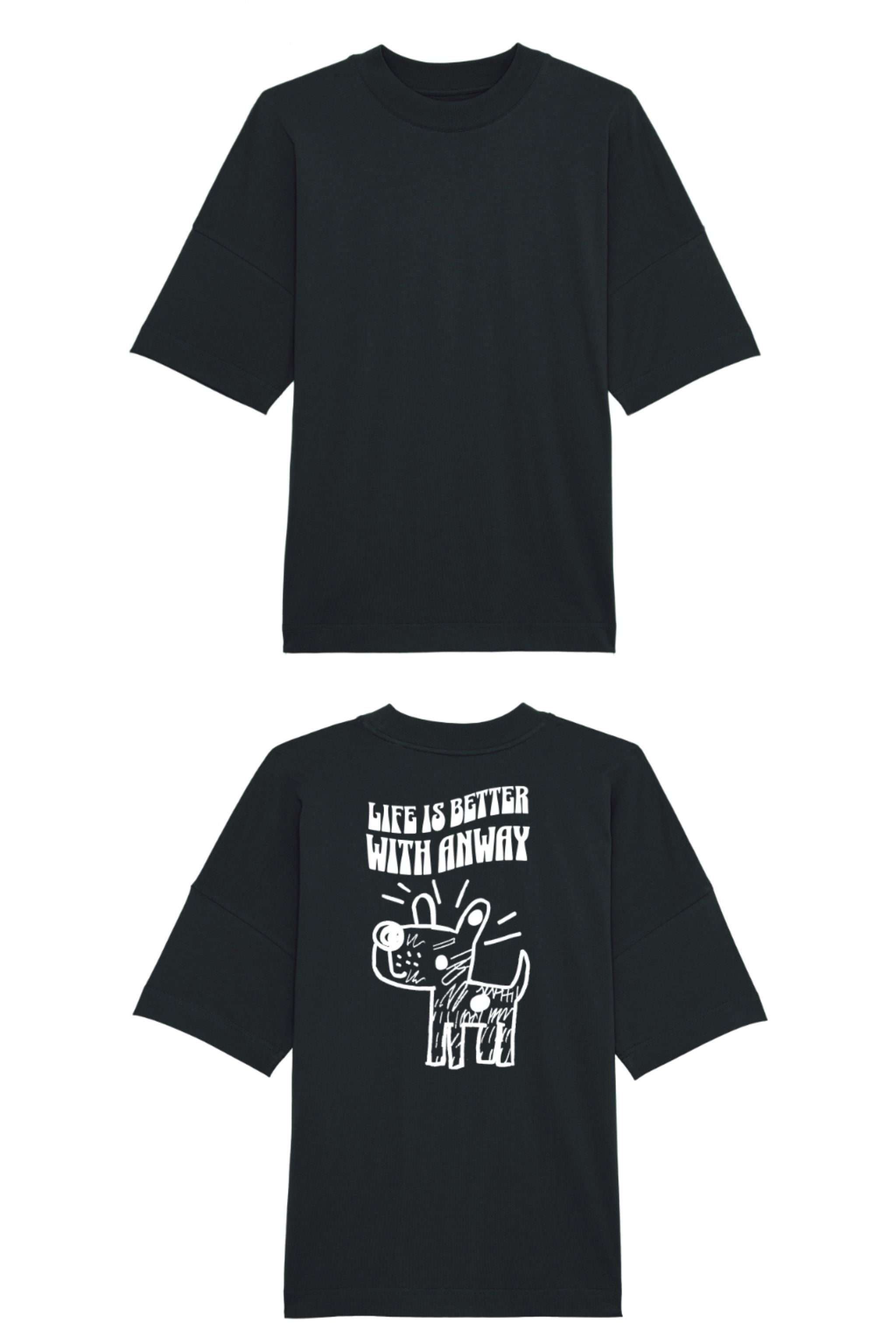 Oversized T-Shirt aus 100 % Bio-Baumwolle mit weitem, modernem Schnitt, erhältlich in Schwarz, Weiss und Natur. Individuell gestaltbar mit Wunschmotiv und frei wählbarer Platzierung. Weiche Qualität, überschnittene Ärmelansätze und lässiger Style für maximalen Tragekomfort. Handgezeichnetes Hundemotiv und Schriftzug „LIFE IS BETTER WITH ANWAY“ auf der Rückseite.