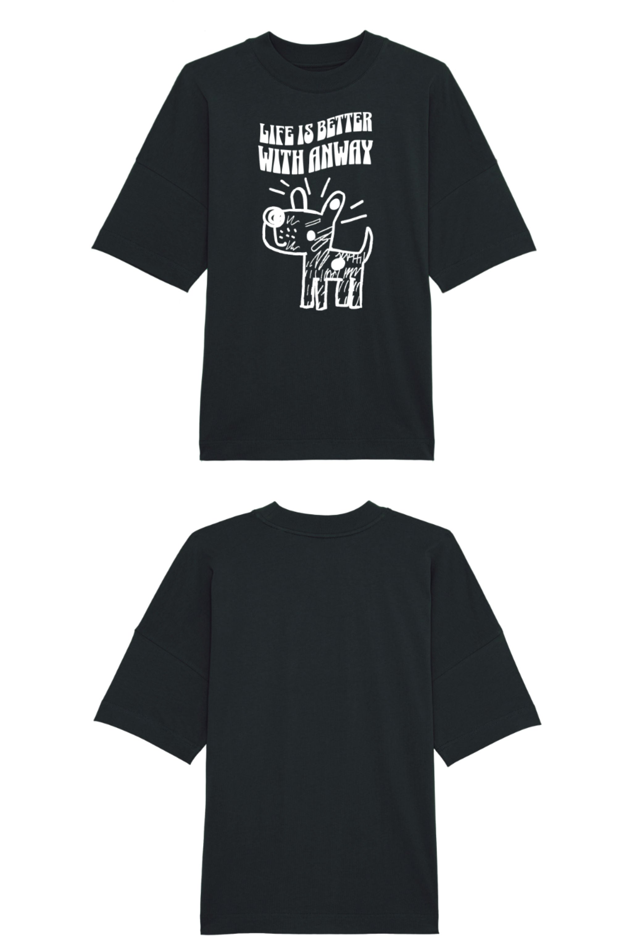 Oversized T-Shirt aus 100 % Bio-Baumwolle mit weitem, modernem Schnitt, erhältlich in Schwarz, Weiss und Natur. Individuell gestaltbar mit Wunschmotiv und frei wählbarer Platzierung. Weiche Qualität, überschnittene Ärmelansätze und lässiger Style für maximalen Tragekomfort. Handgezeichnetes Hundemotiv und Schriftzug „LIFE IS BETTER WITH ANWAY“ auf der Vorderseite.