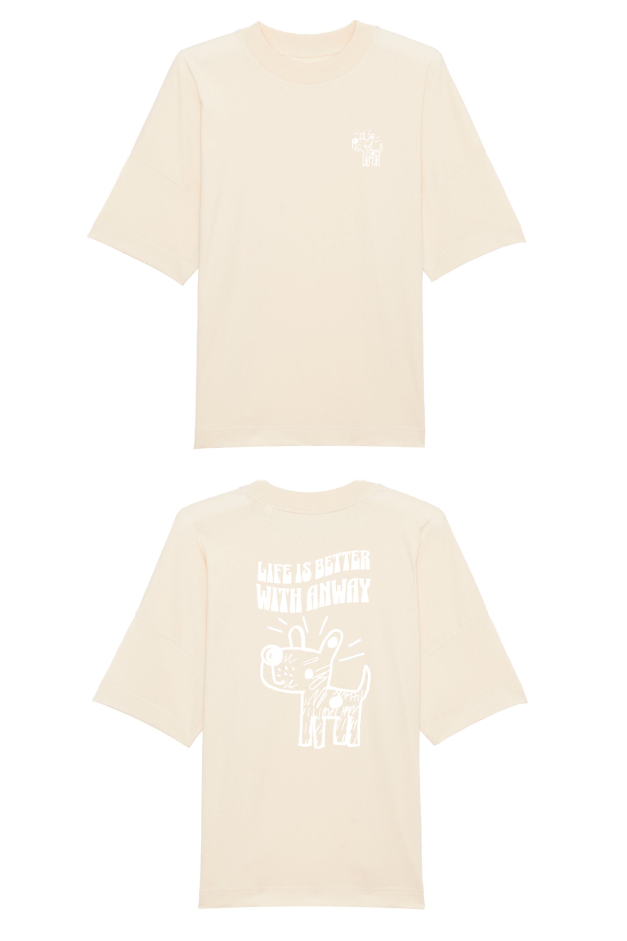 Oversized T-Shirt aus 100 % Bio-Baumwolle mit weitem, modernem Schnitt, erhältlich in Schwarz, Weiss und Natur. Individuell gestaltbar mit Wunschmotiv und frei wählbarer Platzierung. Weiche Qualität, überschnittene Ärmelansätze und lässiger Style für maximalen Tragekomfort. Vorderseite: Kleiner Hund im Comic-Stil auf der linken Brust. Rückseite: Handgezeichnetes Hundemotiv und Schriftzug „LIFE IS BETTER WITH ANWAY“