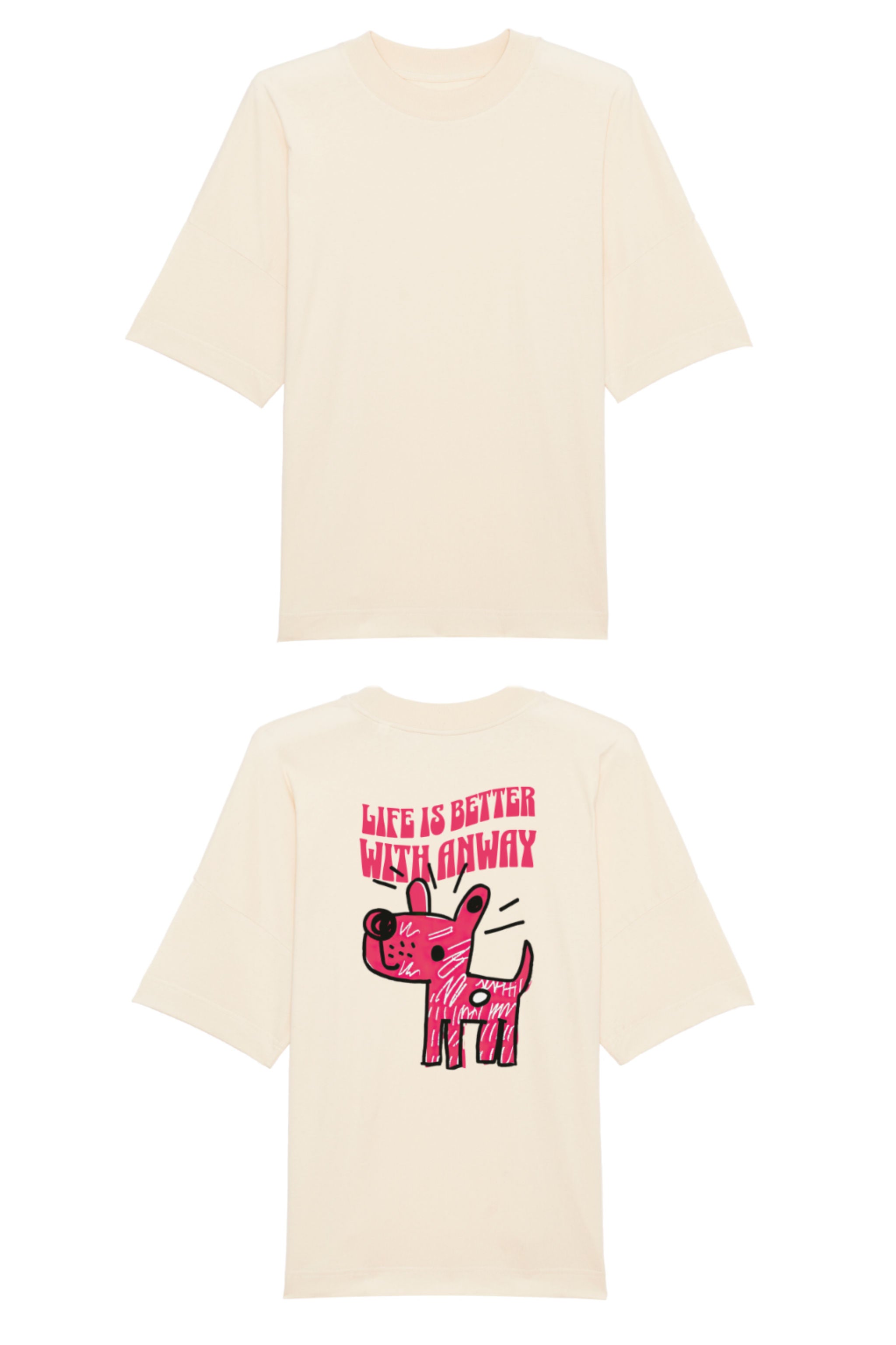 Oversized T-Shirt aus 100 % Bio-Baumwolle mit weitem, modernem Schnitt, erhältlich in Schwarz, Weiss und Natur. Individuell gestaltbar mit Wunschmotiv und frei wählbarer Platzierung. Weiche Qualität, überschnittene Ärmelansätze und lässiger Style für maximalen Tragekomfort. Handgezeichnetes Hundemotiv und Schriftzug „LIFE IS BETTER WITH ANWAY“ auf der Rückseite.