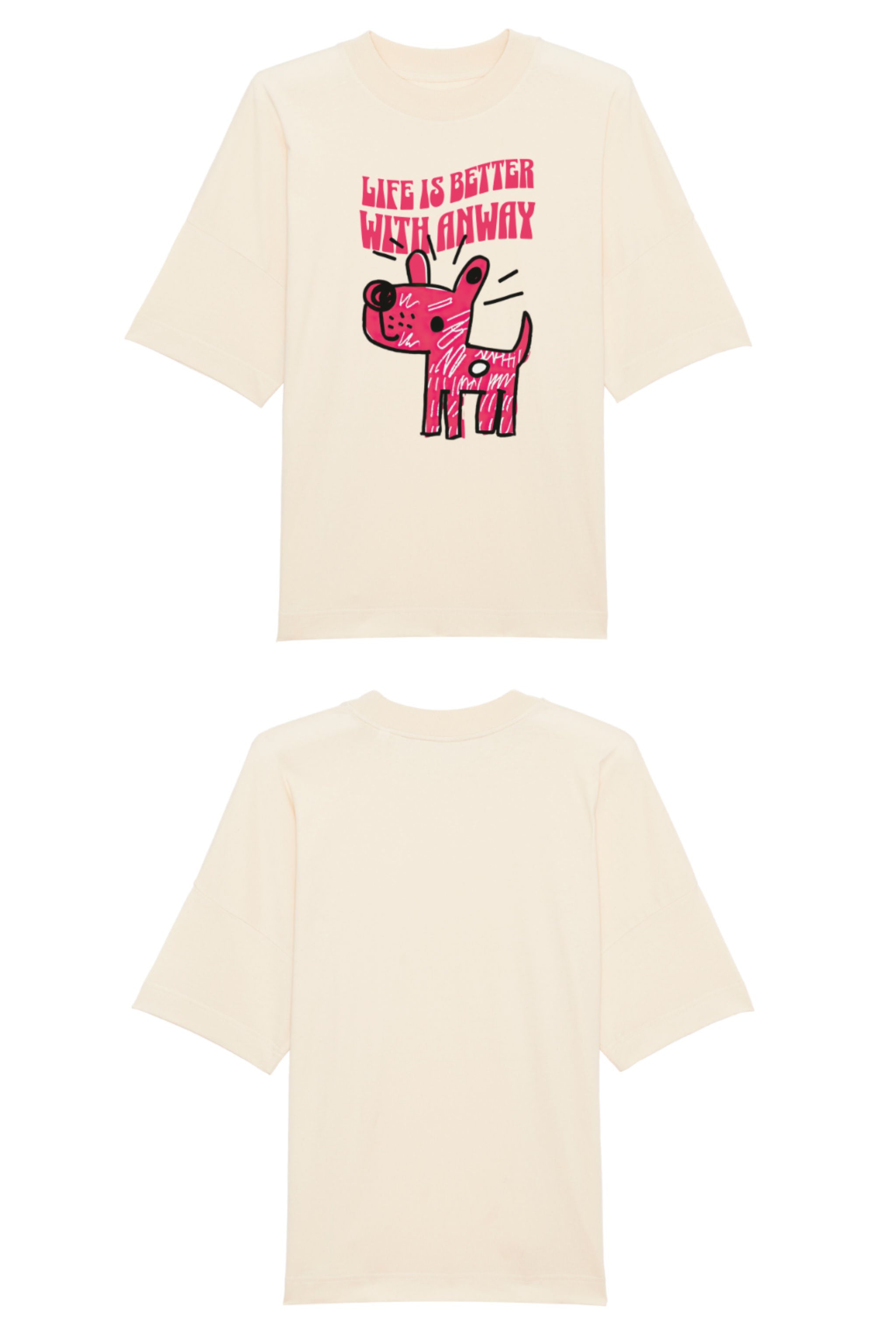 Oversized T-Shirt aus 100 % Bio-Baumwolle mit weitem, modernem Schnitt, erhältlich in Schwarz, Weiss und Natur. Individuell gestaltbar mit Wunschmotiv und frei wählbarer Platzierung. Weiche Qualität, überschnittene Ärmelansätze und lässiger Style für maximalen Tragekomfort. Handgezeichnetes Hundemotiv und Schriftzug „LIFE IS BETTER WITH ANWAY“ auf der Vorderseite.
