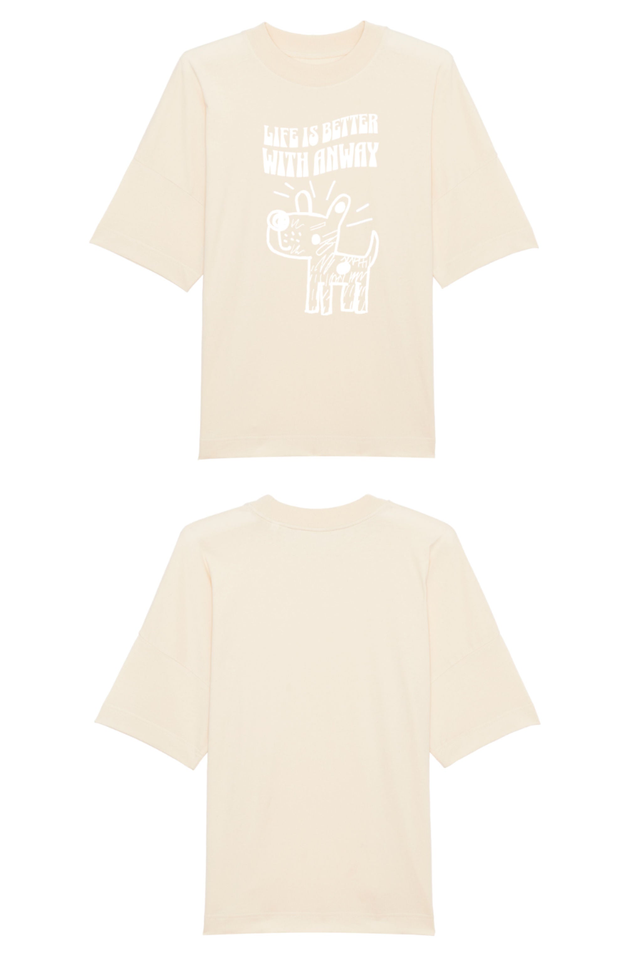 Oversized T-Shirt aus 100 % Bio-Baumwolle mit weitem, modernem Schnitt, erhältlich in Schwarz, Weiss und Natur. Individuell gestaltbar mit Wunschmotiv und frei wählbarer Platzierung. Weiche Qualität, überschnittene Ärmelansätze und lässiger Style für maximalen Tragekomfort. Handgezeichnetes Hundemotiv und Schriftzug „LIFE IS BETTER WITH ANWAY“ auf der Vorderseite.