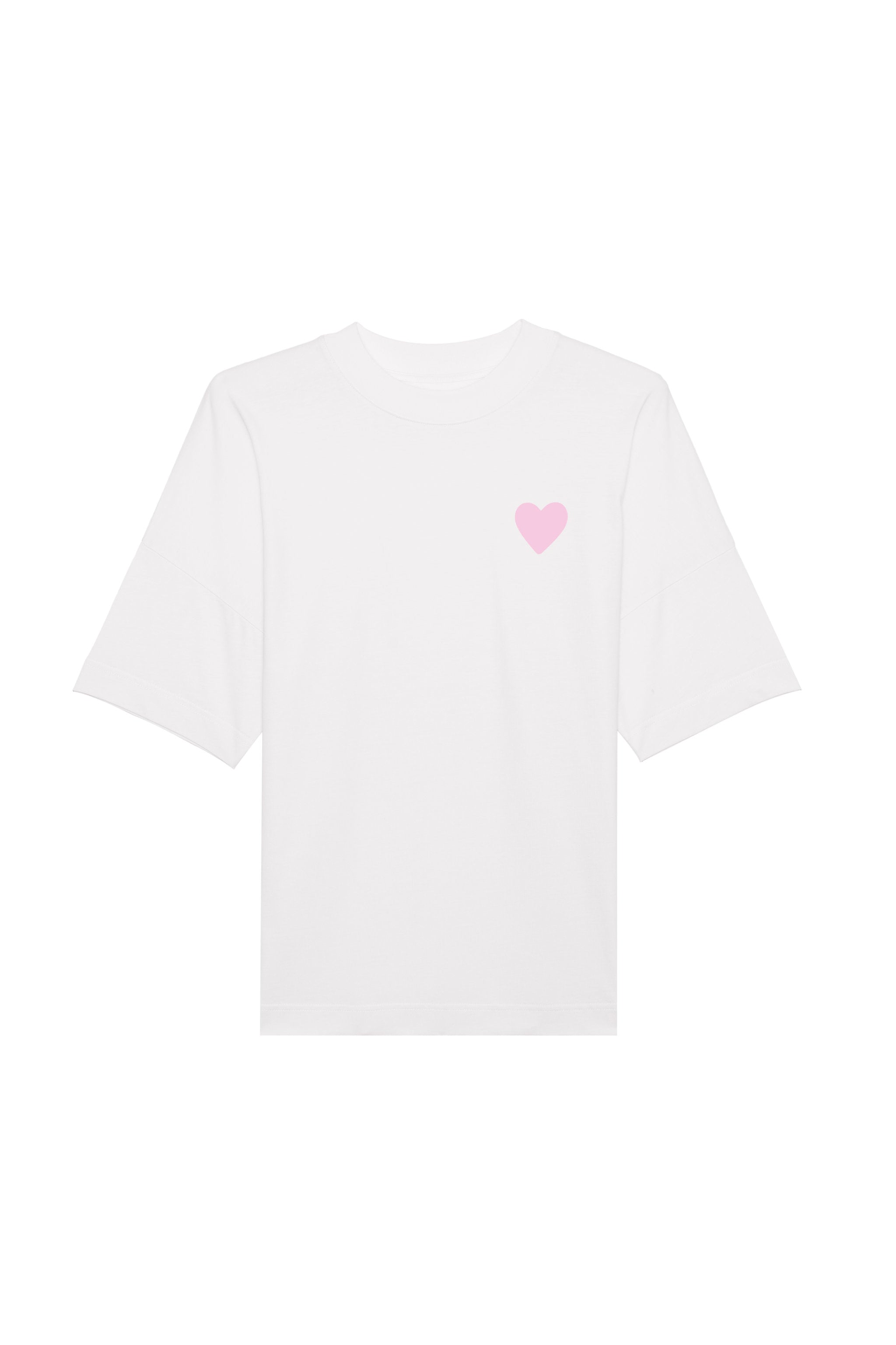 Oversized T-Shirt aus 100 % Bio-Baumwolle mit weitem, modernem Schnitt, erhältlich in Schwarz, Weiss und Natur. Individuell gestaltbar mit Wunschmotiv und frei wählbarer Platzierung. Weiche Qualität, überschnittene Ärmelansätze und lässiger Style für maximalen Tragekomfort. Vorderseite: Rosa Herz auf der linken Brust. Rückseite: Tic-Tac-Toe-Motiv mit rosa Herzen und darunter der Schriftzug „LOVE WINS“ in rosa.