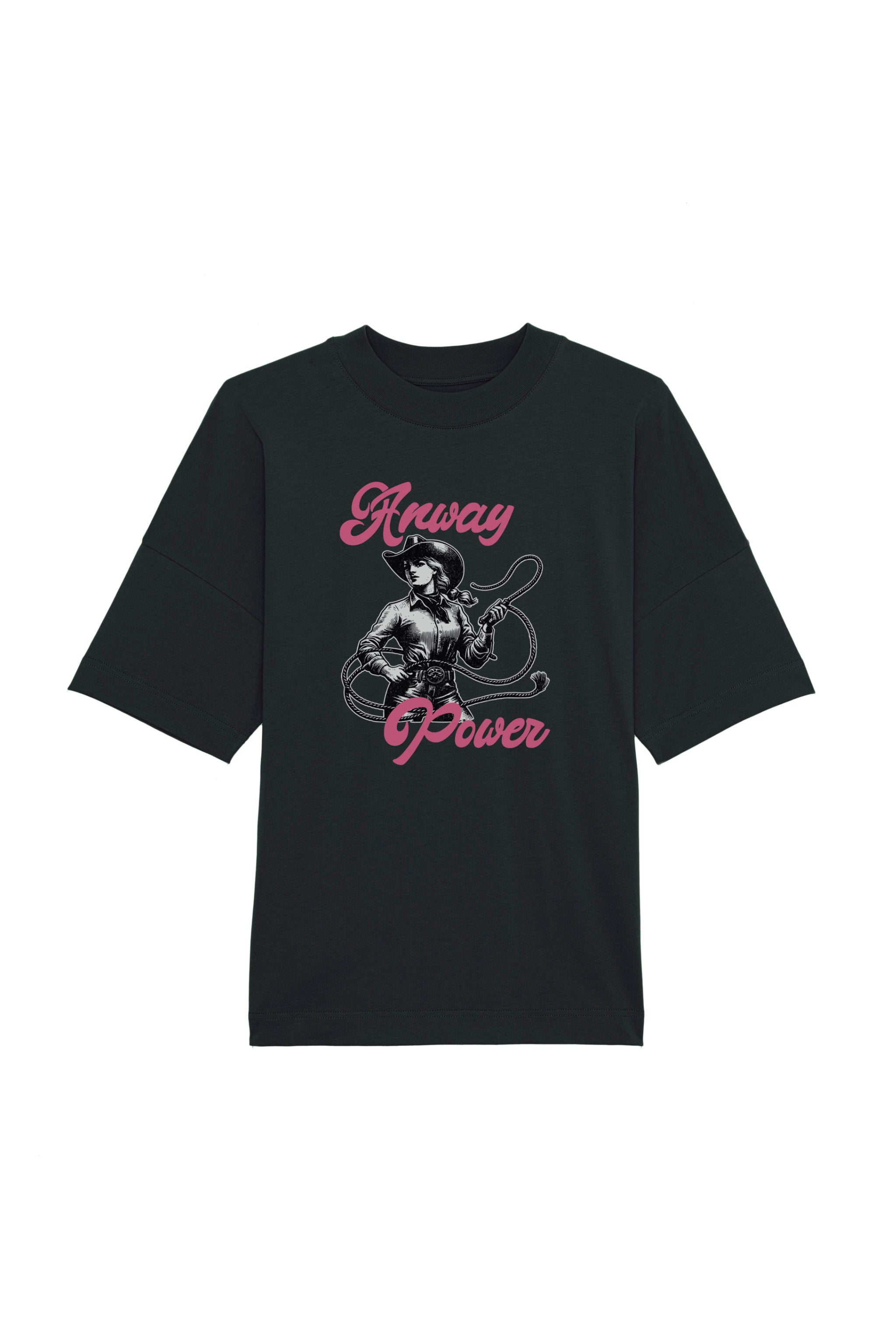 Oversized T-Shirt aus 100 % Bio-Baumwolle mit weitem, modernem Schnitt, erhältlich in Schwarz, Weiss und Natur. Individuell gestaltbar mit Wunschmotiv und frei wählbarer Platzierung. Weiche Qualität, überschnittene Ärmelansätze und lässiger Style für maximalen Tragekomfort.  T-Shirt mit einer Cowgirl-Illustration mit Peitsche und dem rosa Schriftzug „Anway Power“ auf der Vorderseite.