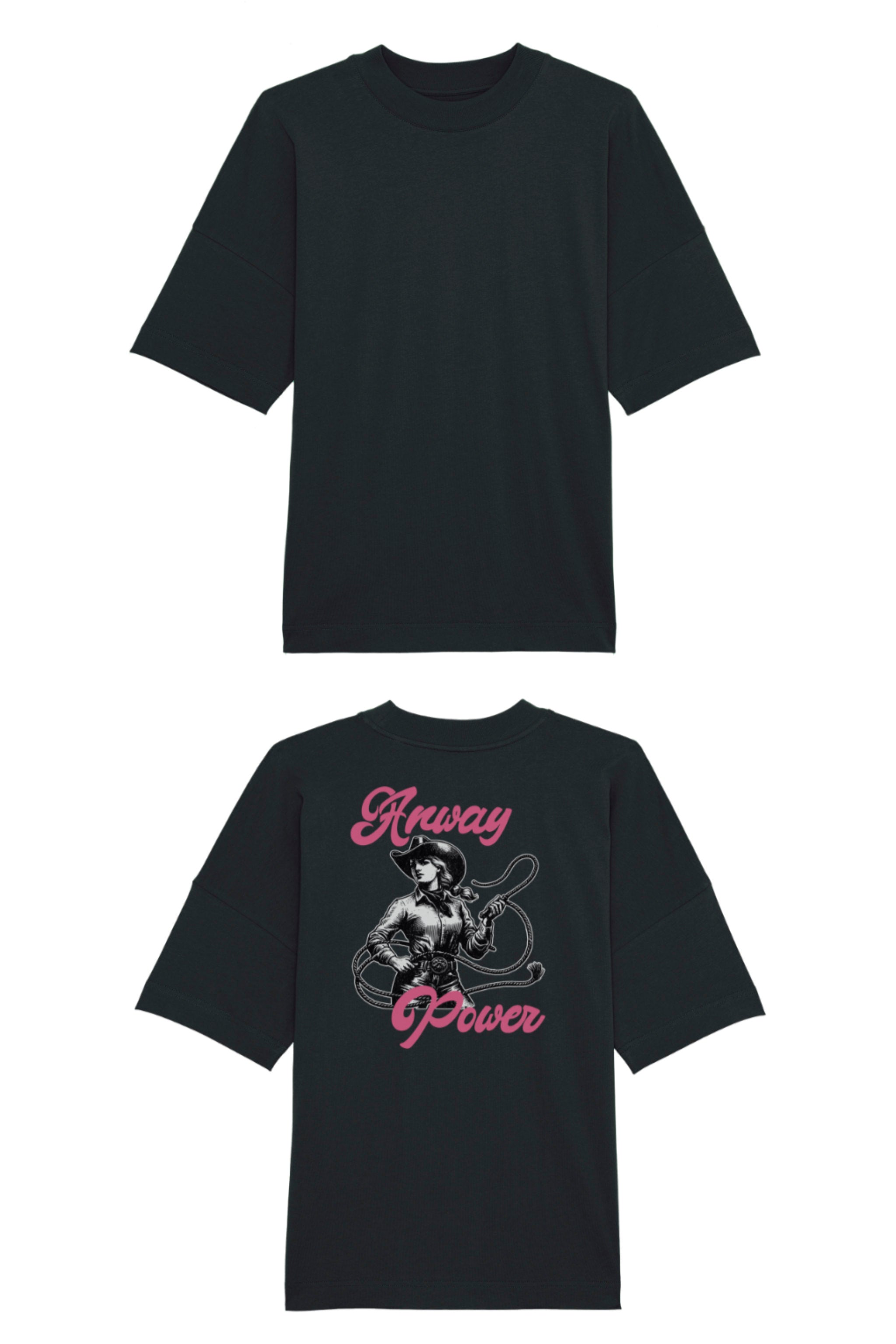 Oversized T-Shirt aus 100 % Bio-Baumwolle mit weitem, modernem Schnitt, erhältlich in Schwarz, Weiss und Natur. Individuell gestaltbar mit Wunschmotiv und frei wählbarer Platzierung. Weiche Qualität, überschnittene Ärmelansätze und lässiger Style für maximalen Tragekomfort.  T-Shirt mit einer Cowgirl-Illustration mit Peitsche und dem rosa Schriftzug „Anway Power“ auf der Rückseite.